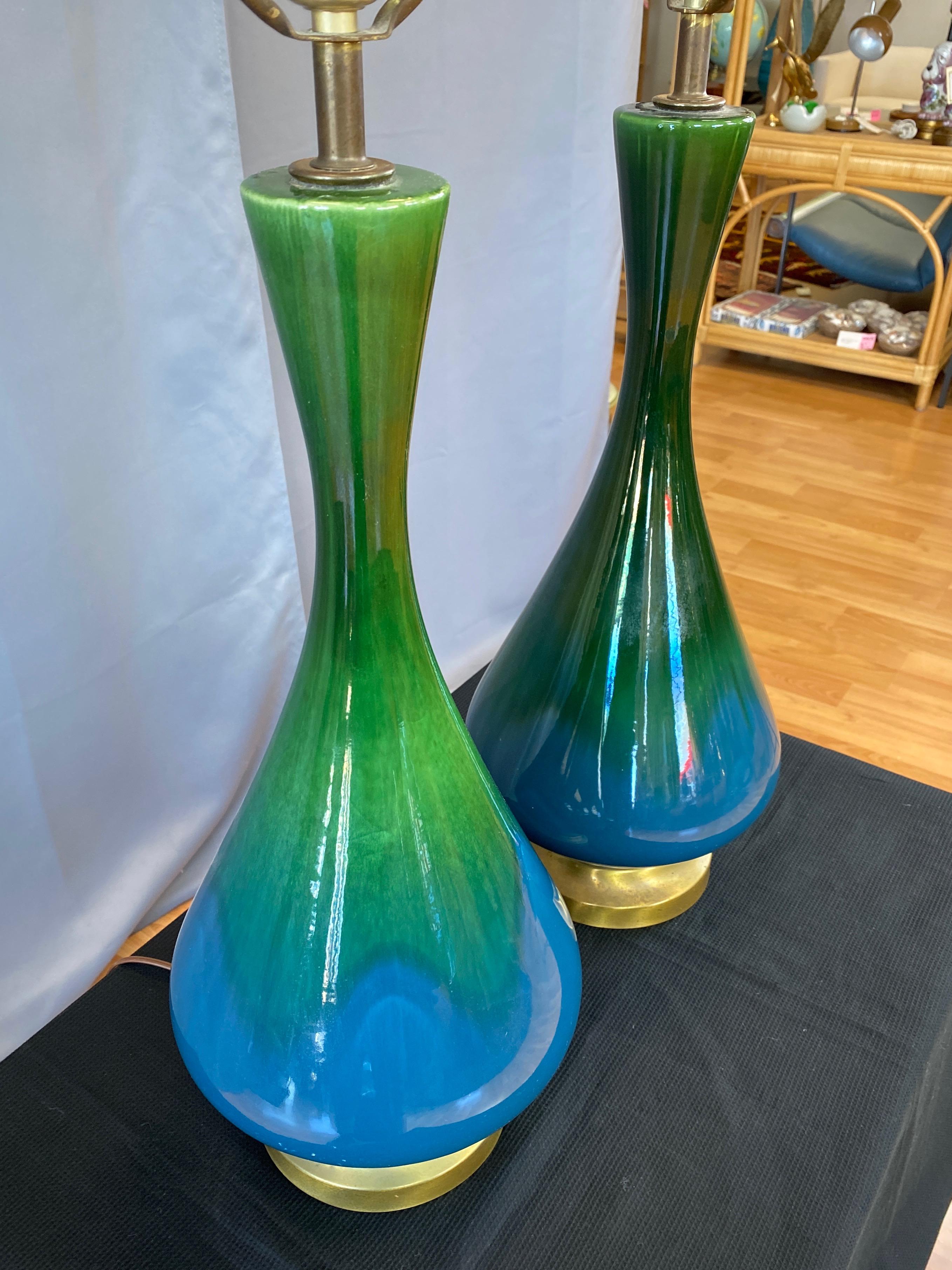 Mid-Century Modern Pair of Blue-Green Ombré Glaze Ceramic and Brass Table Lamps with Shades, 1950s