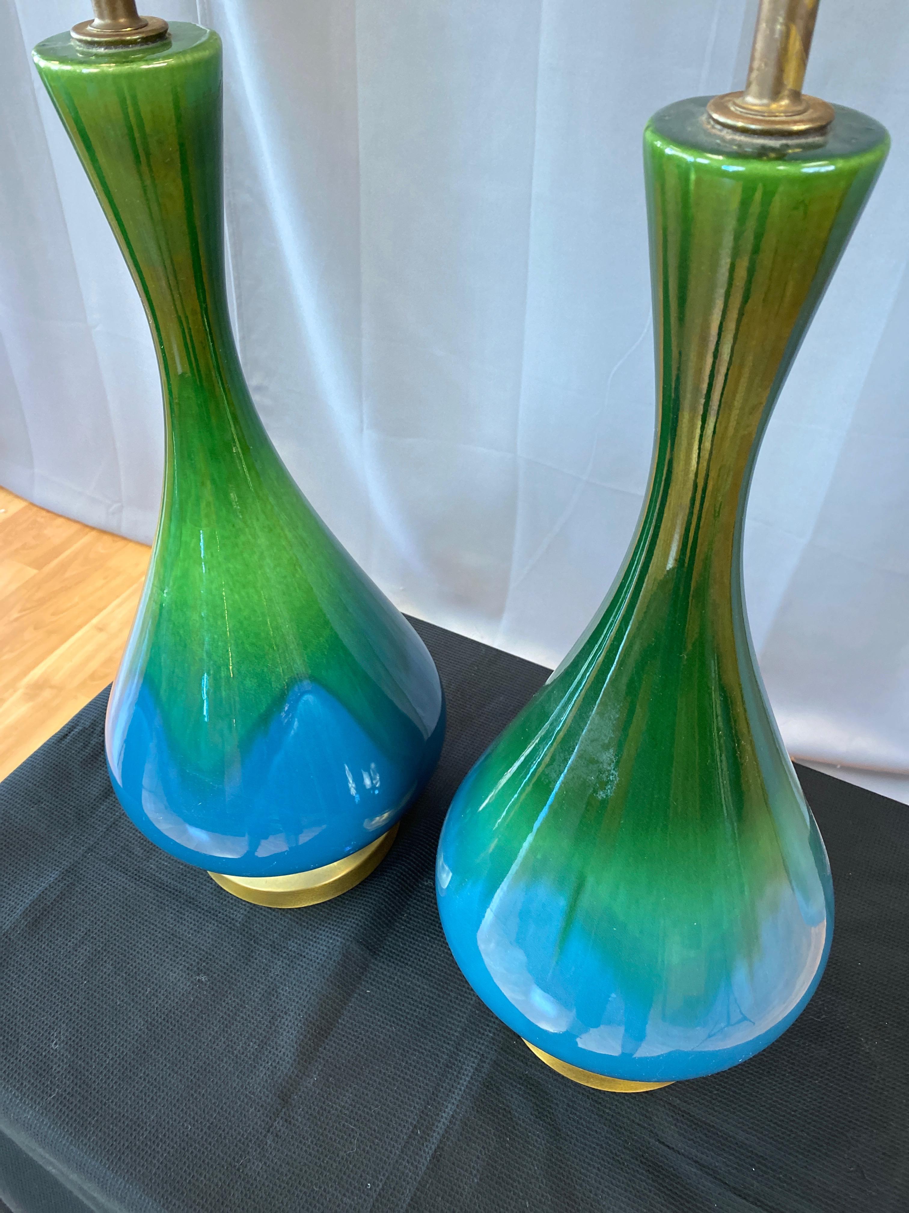 American Pair of Blue-Green Ombré Glaze Ceramic and Brass Table Lamps with Shades, 1950s