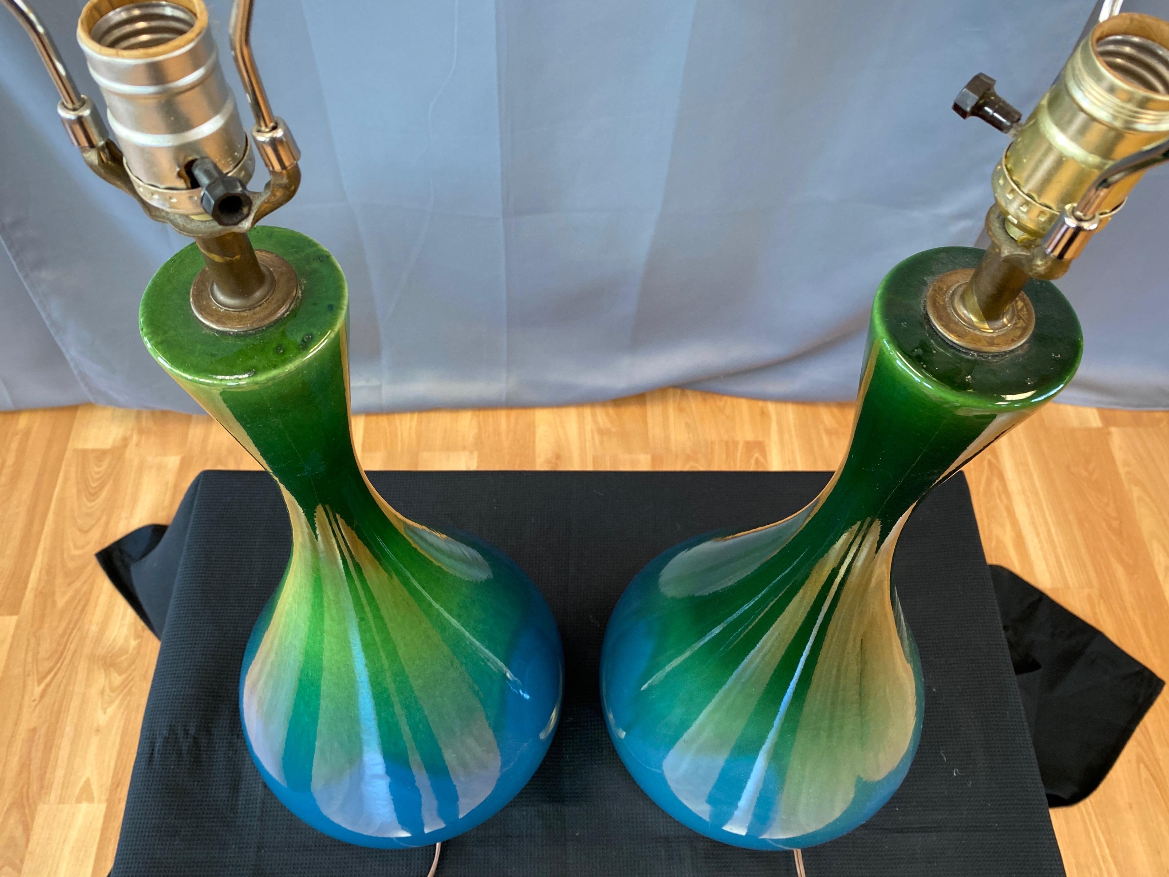 Pair of Blue-Green Ombré Glaze Ceramic and Brass Table Lamps with Shades, 1950s In Good Condition In San Francisco, CA