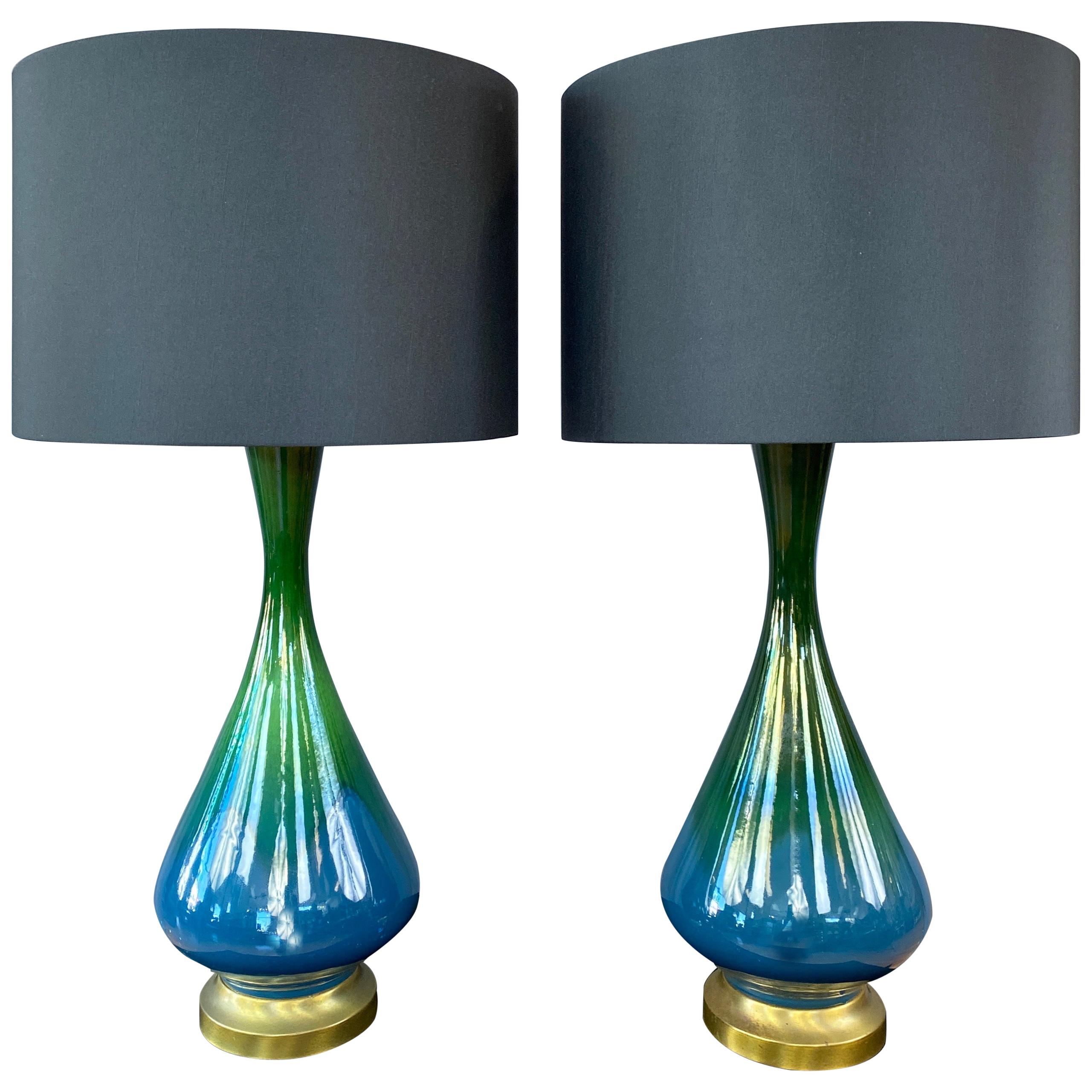 Pair of Blue-Green Ombré Glaze Ceramic and Brass Table Lamps with Shades, 1950s
