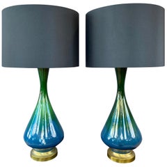 Pair of Blue-Green Ombré Glaze Ceramic and Brass Table Lamps with Shades, 1950s