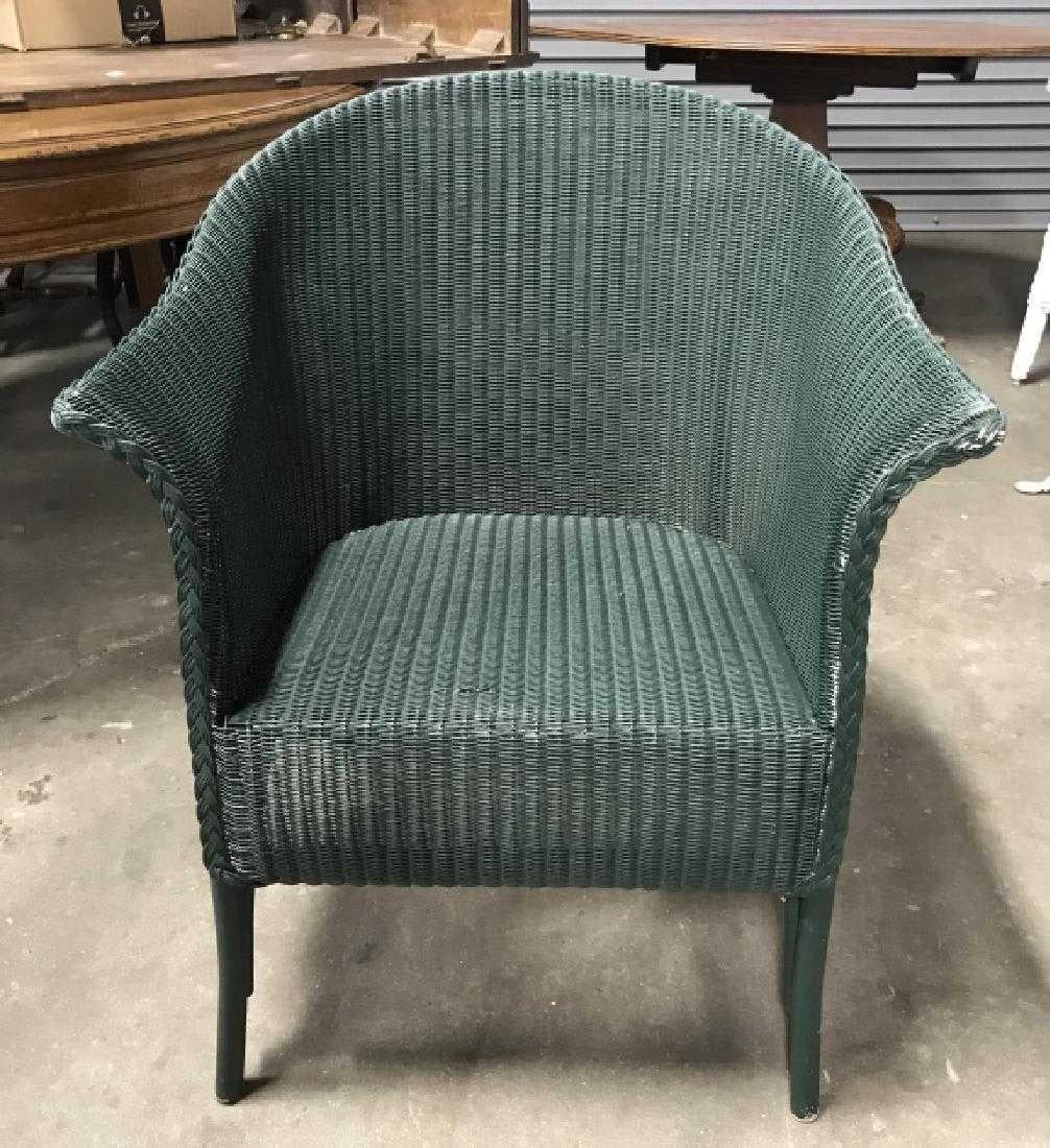 The pair of vintage Lloyd Loom-style wicker armchairs are painted blue-green featuring rounded back of woven wicker over a wood frame, ready for a drop-in upholstered cushion.
Perfect for an indoor or outdoor garden room, garden or