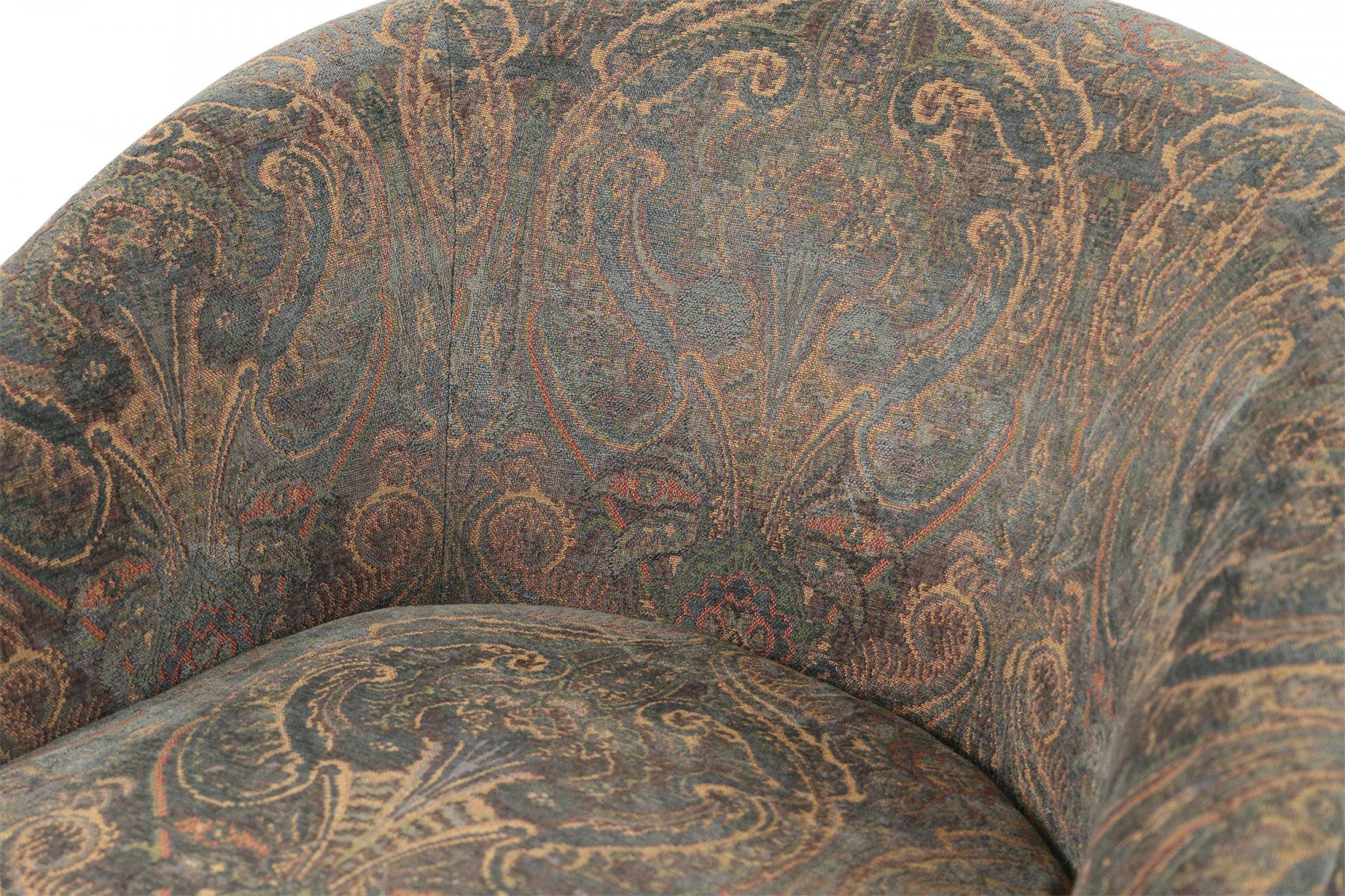 Pair of Vintage Blue Paisley Patterned Velvet Swivel Club Chairs In Good Condition In New York, NY