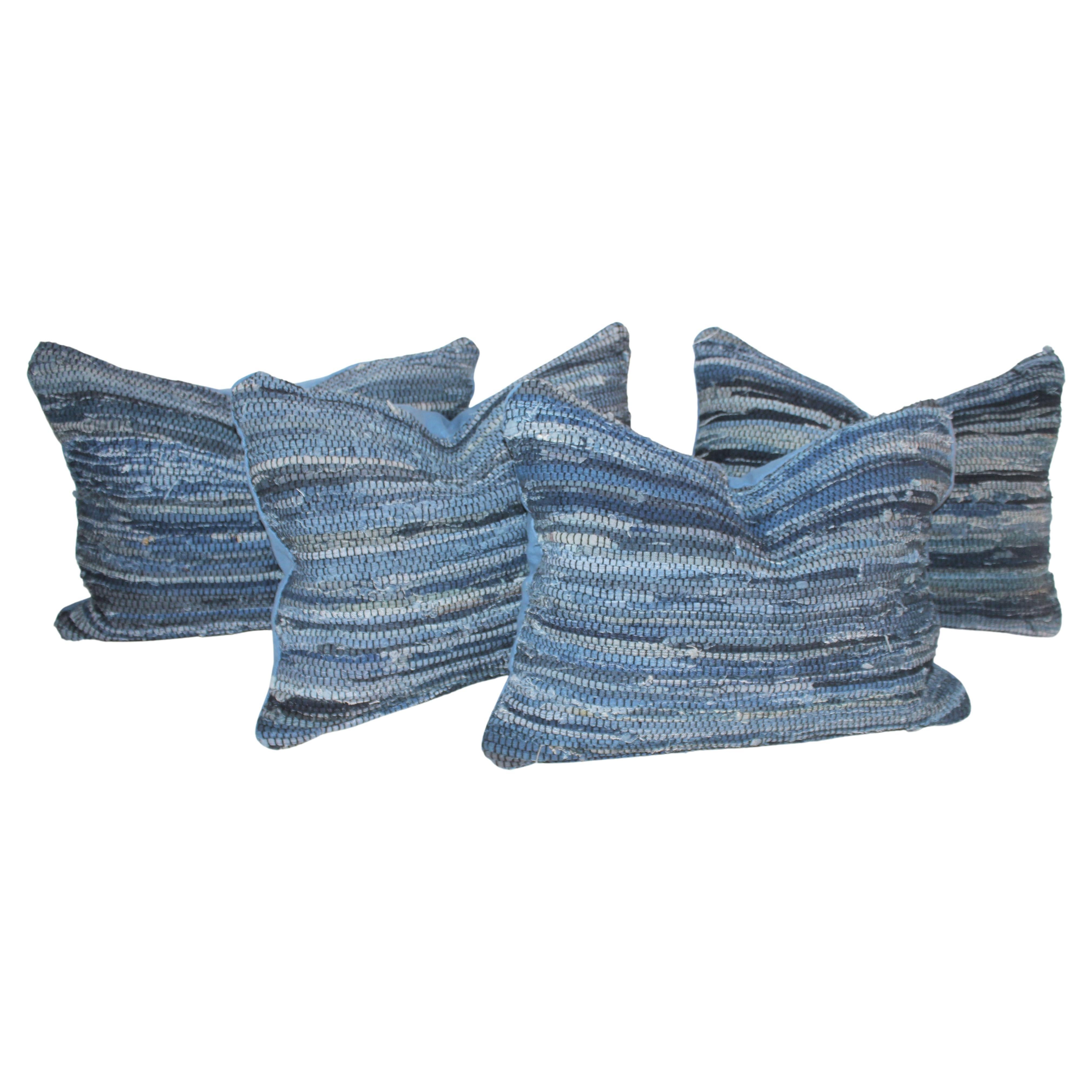 Pair of Vintage blue rag rug textile custom made pillows. (2 sets available)
 All 4 can be purchased at 595.00 per set of 2 pillows. Pillows have feather and dwon inserts and zippered casing.