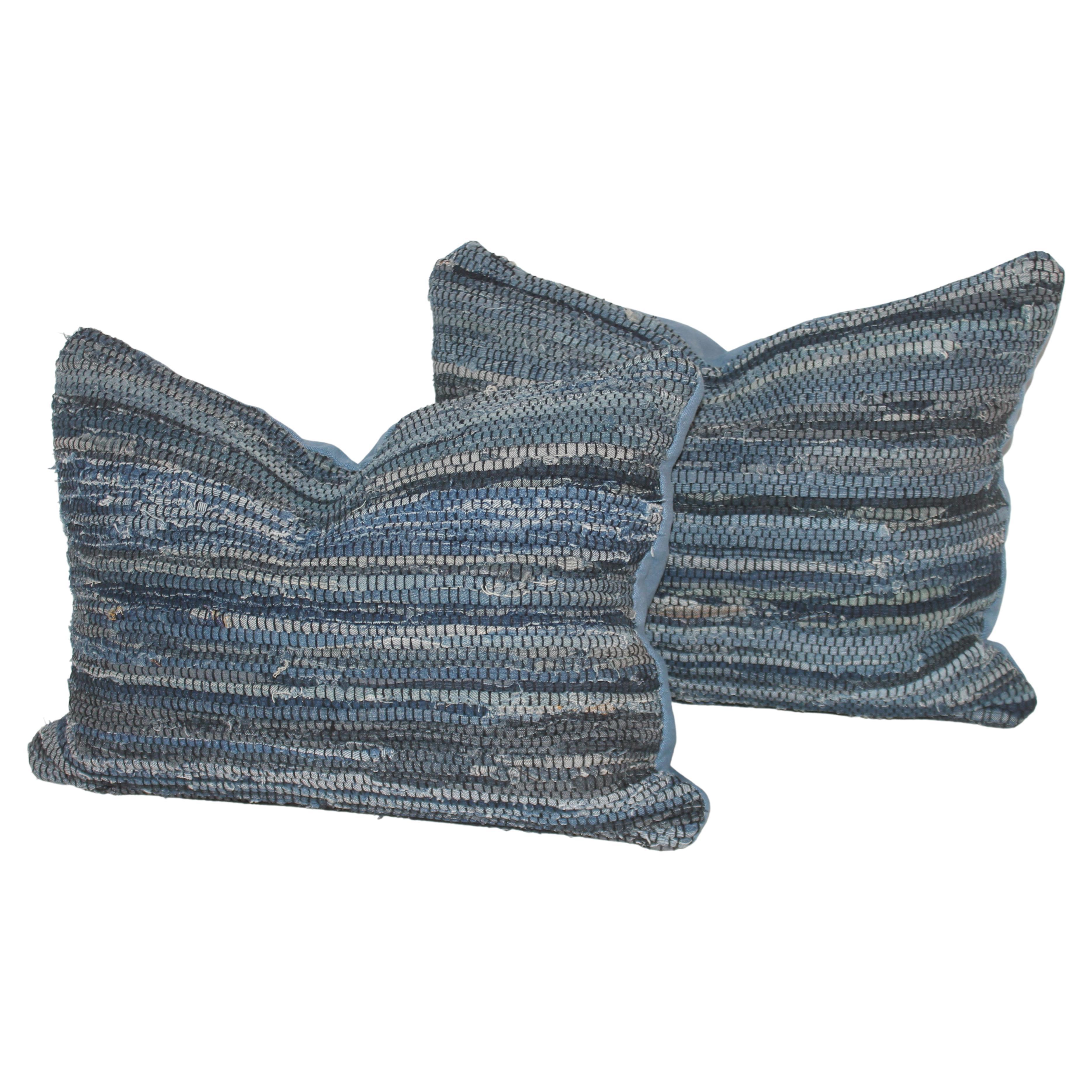 Adirondack Pair of Vintage Blue Rag Rug Custom Made Pillows, '2 Sets' For Sale