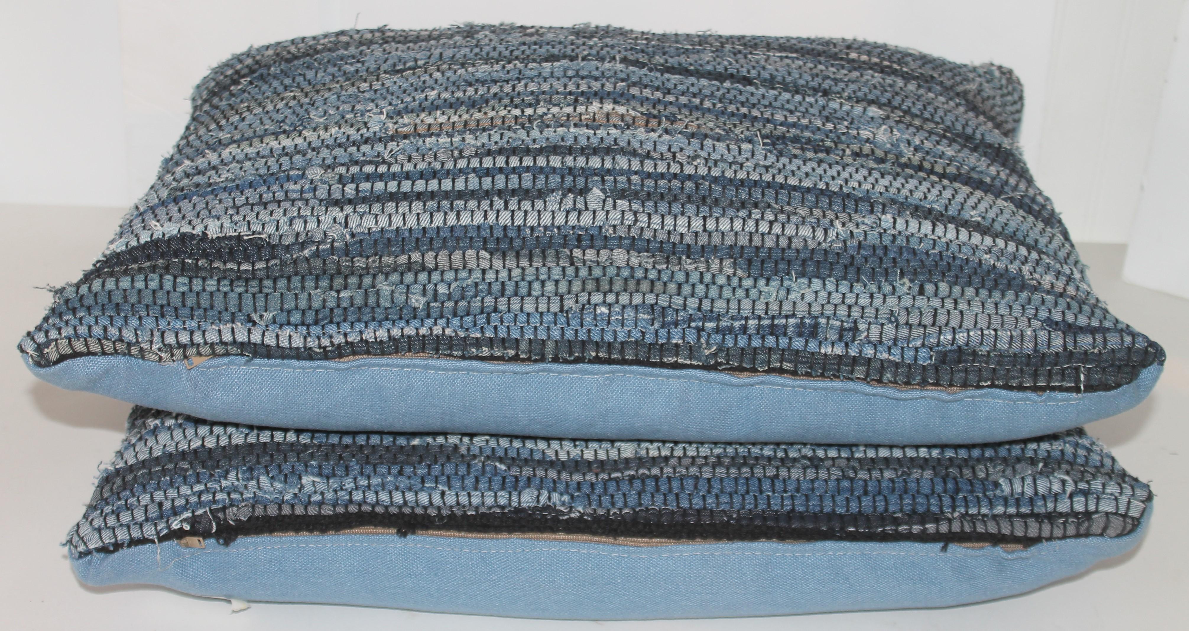 Pair of Vintage Blue Rag Rug Custom Made Pillows, '2 Sets' In Good Condition For Sale In Los Angeles, CA