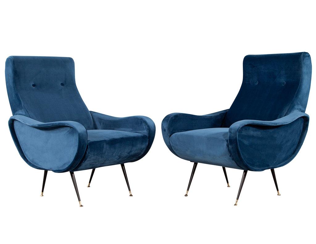 Mid-Century Modern Pair of Vintage Blue Velvet Italian Lounge Chairs For Sale