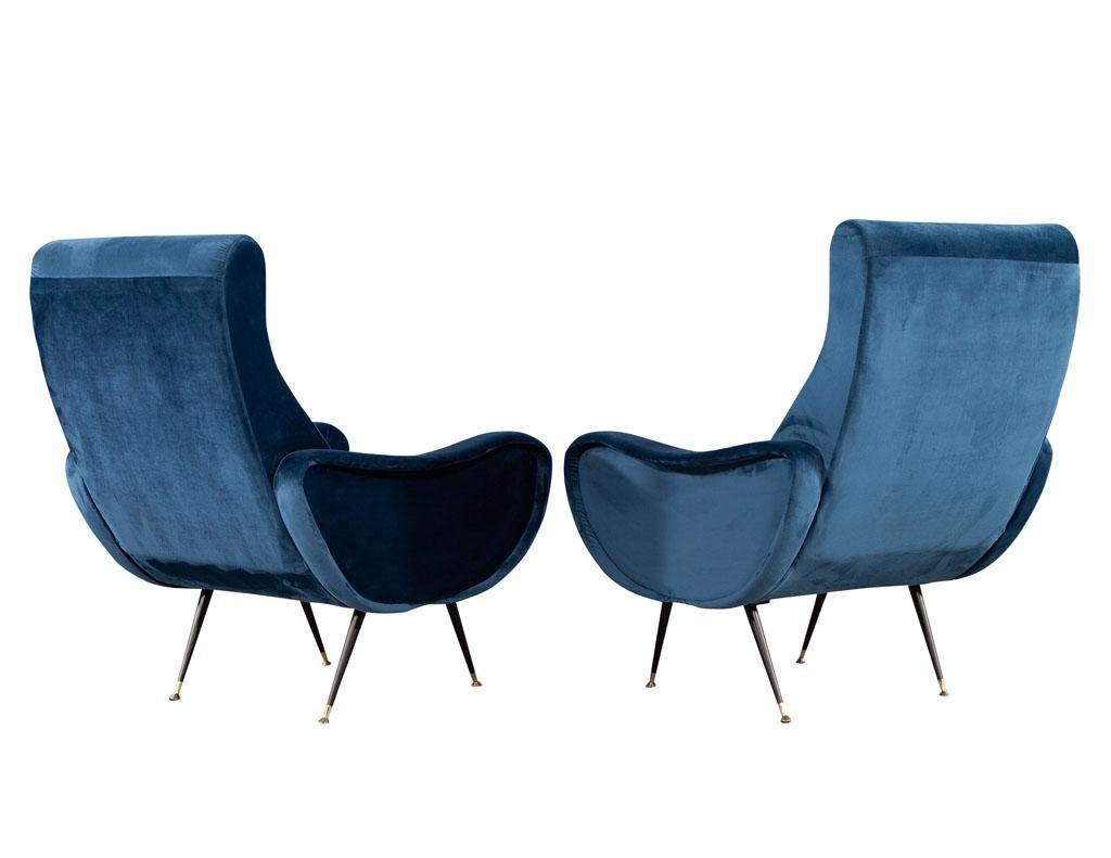 Metal Pair of Vintage Blue Velvet Italian Lounge Chairs For Sale