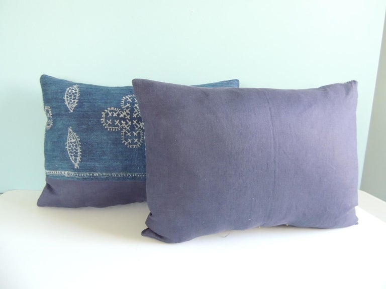 Hand-Crafted Pair of Vintage Blue & White Asian Bolster Decorative Pillows For Sale