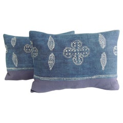 Pair of Vintage Blue & White Asian Bolster Decorative Pillows