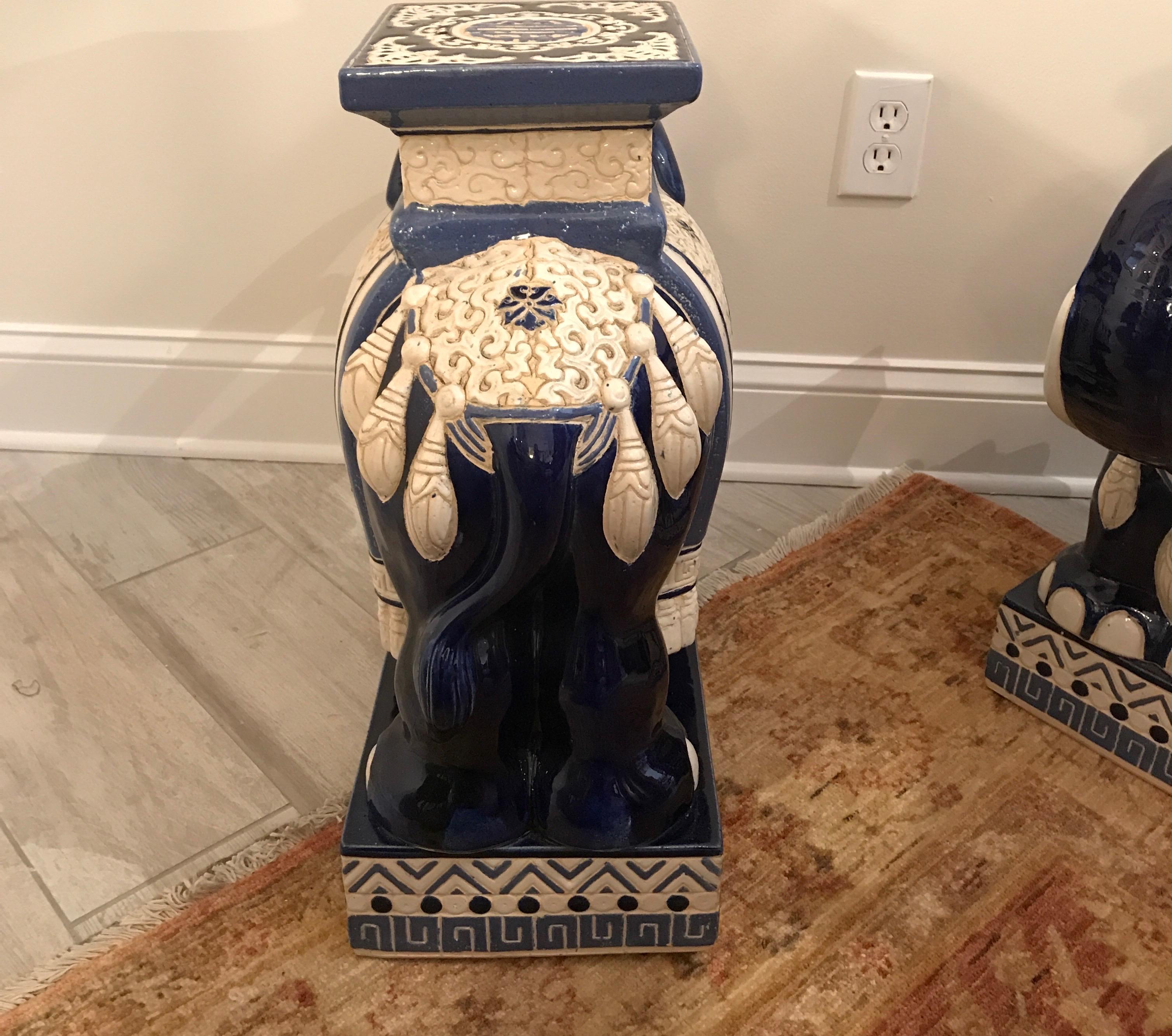 Pair of Vintage Blue and White Elephant Garden Seats 4