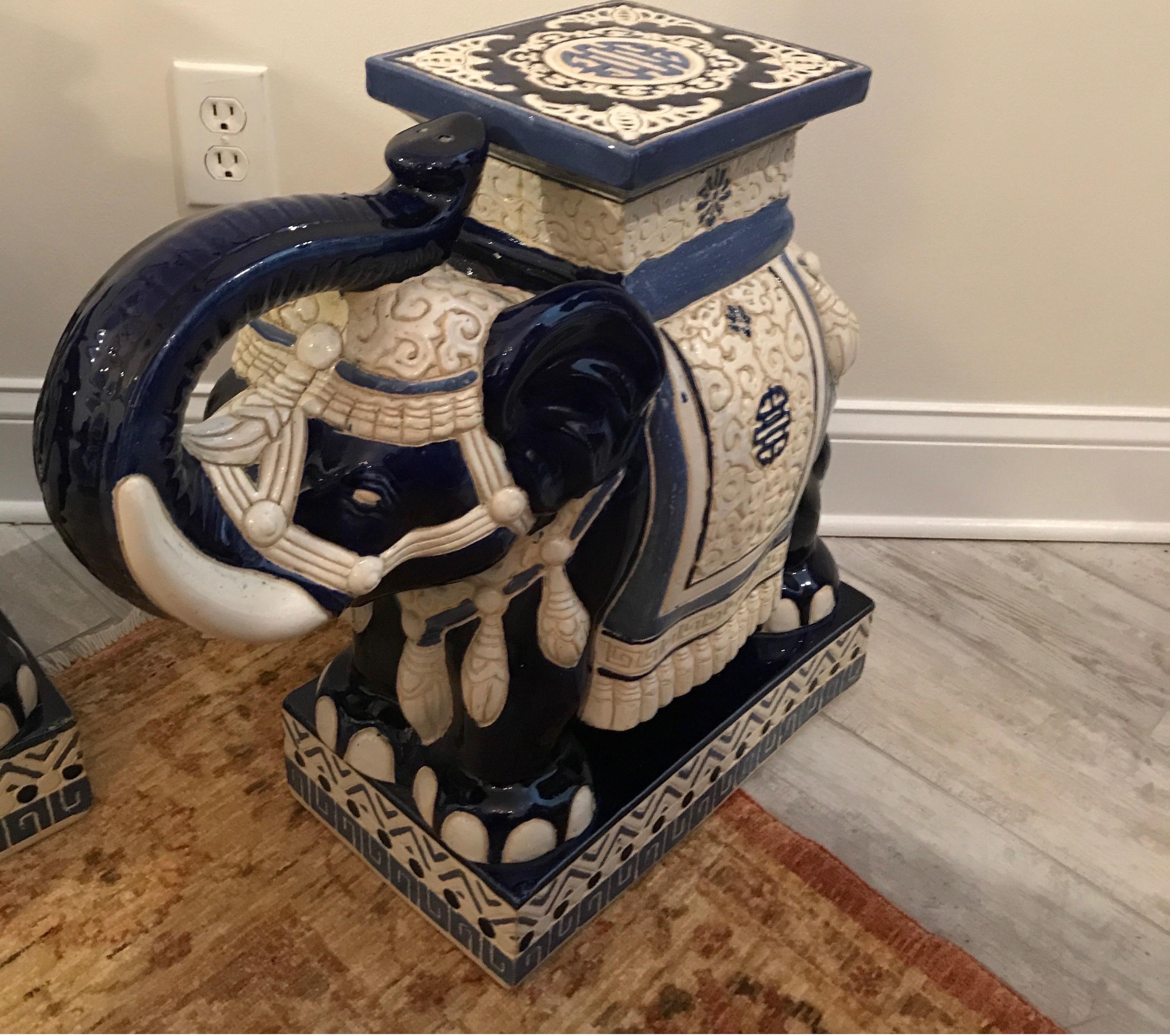 Chinese Pair of Vintage Blue and White Elephant Garden Seats