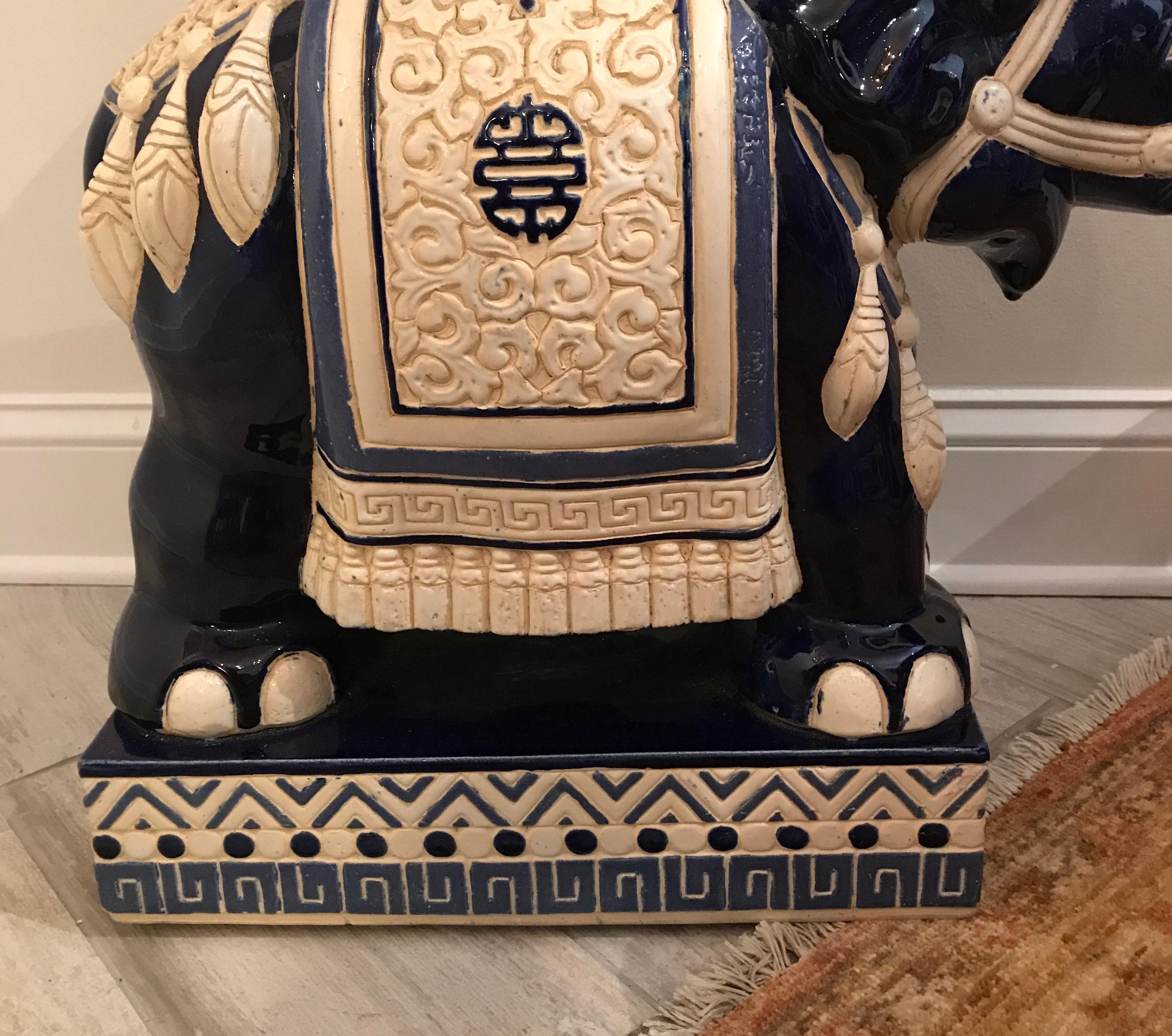 20th Century Pair of Vintage Blue and White Elephant Garden Seats