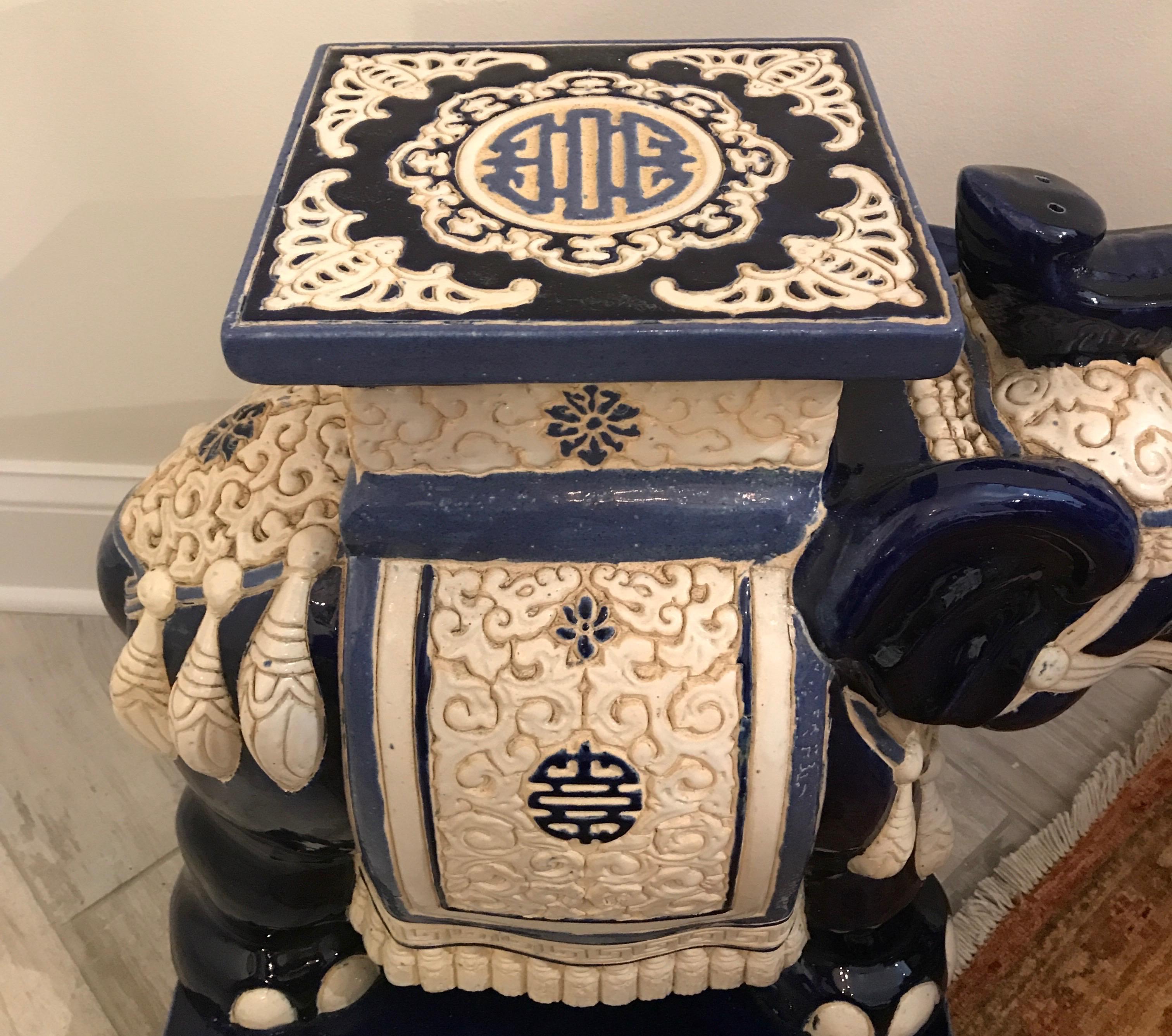 Terracotta Pair of Vintage Blue and White Elephant Garden Seats