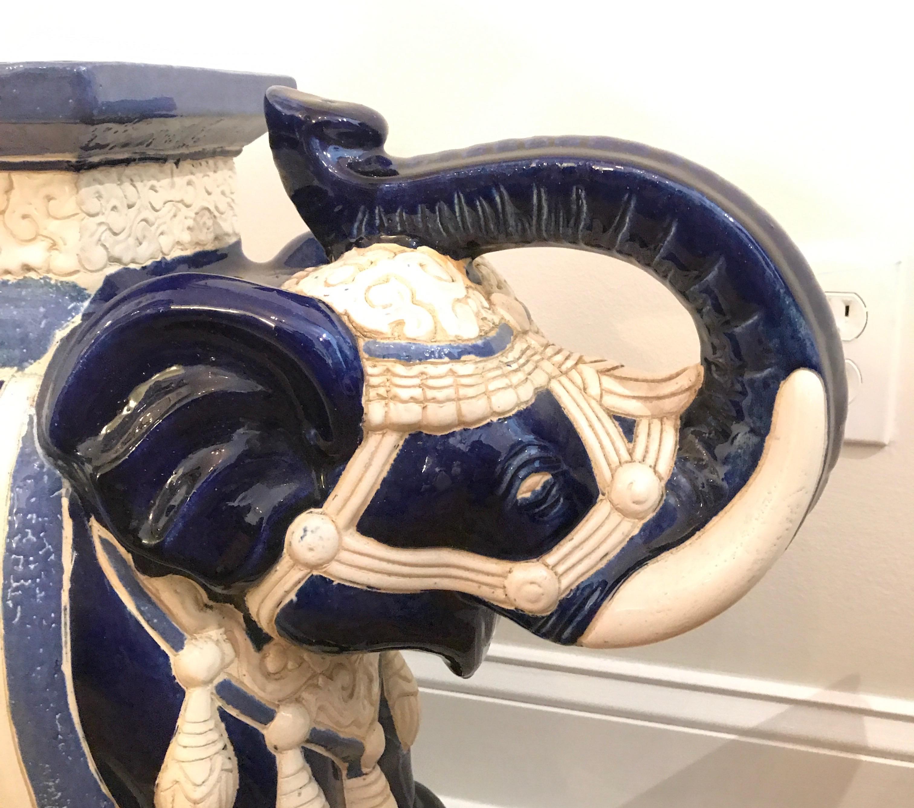 Pair of Vintage Blue and White Elephant Garden Seats 1