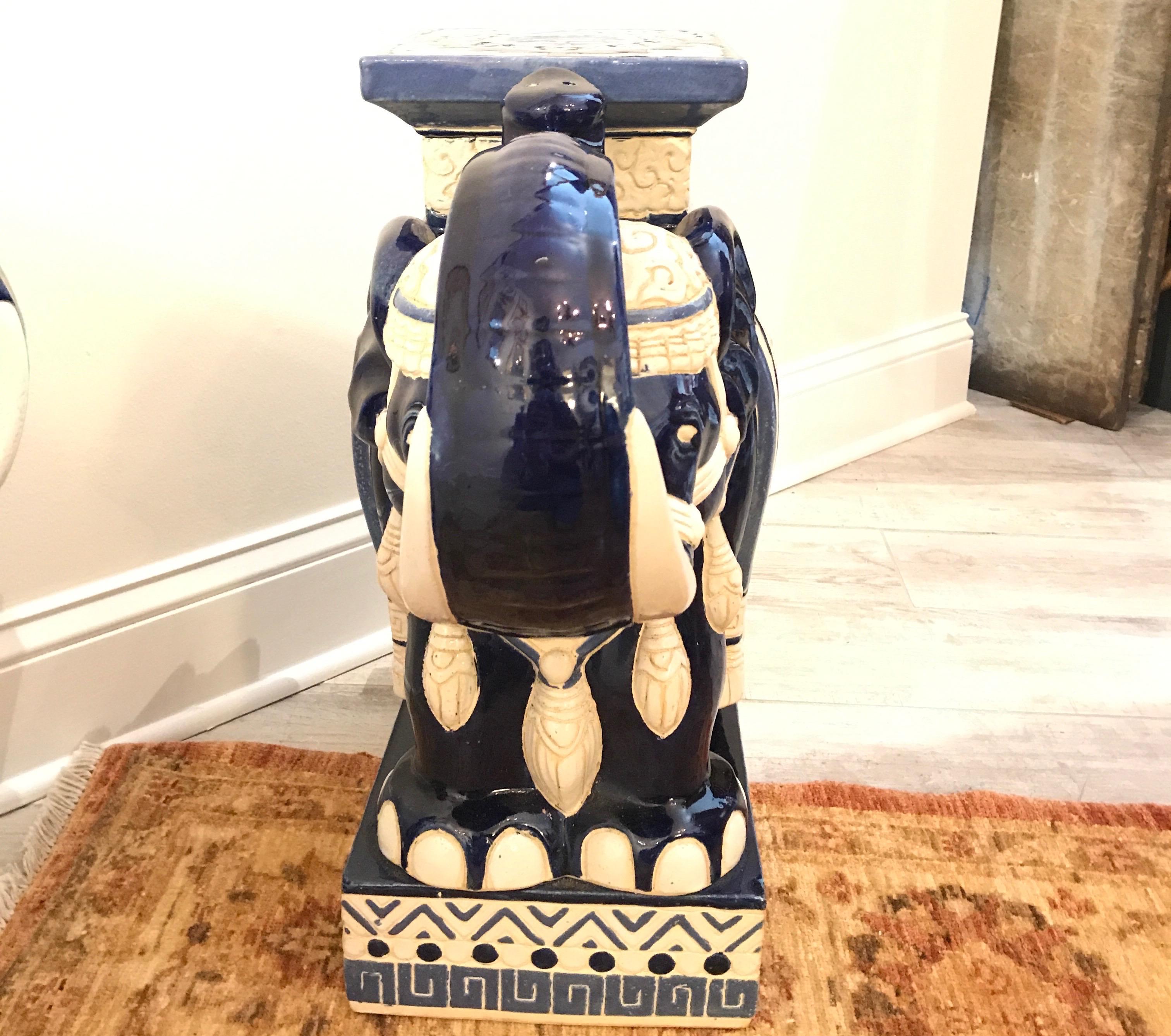 Pair of Vintage Blue and White Elephant Garden Seats 2