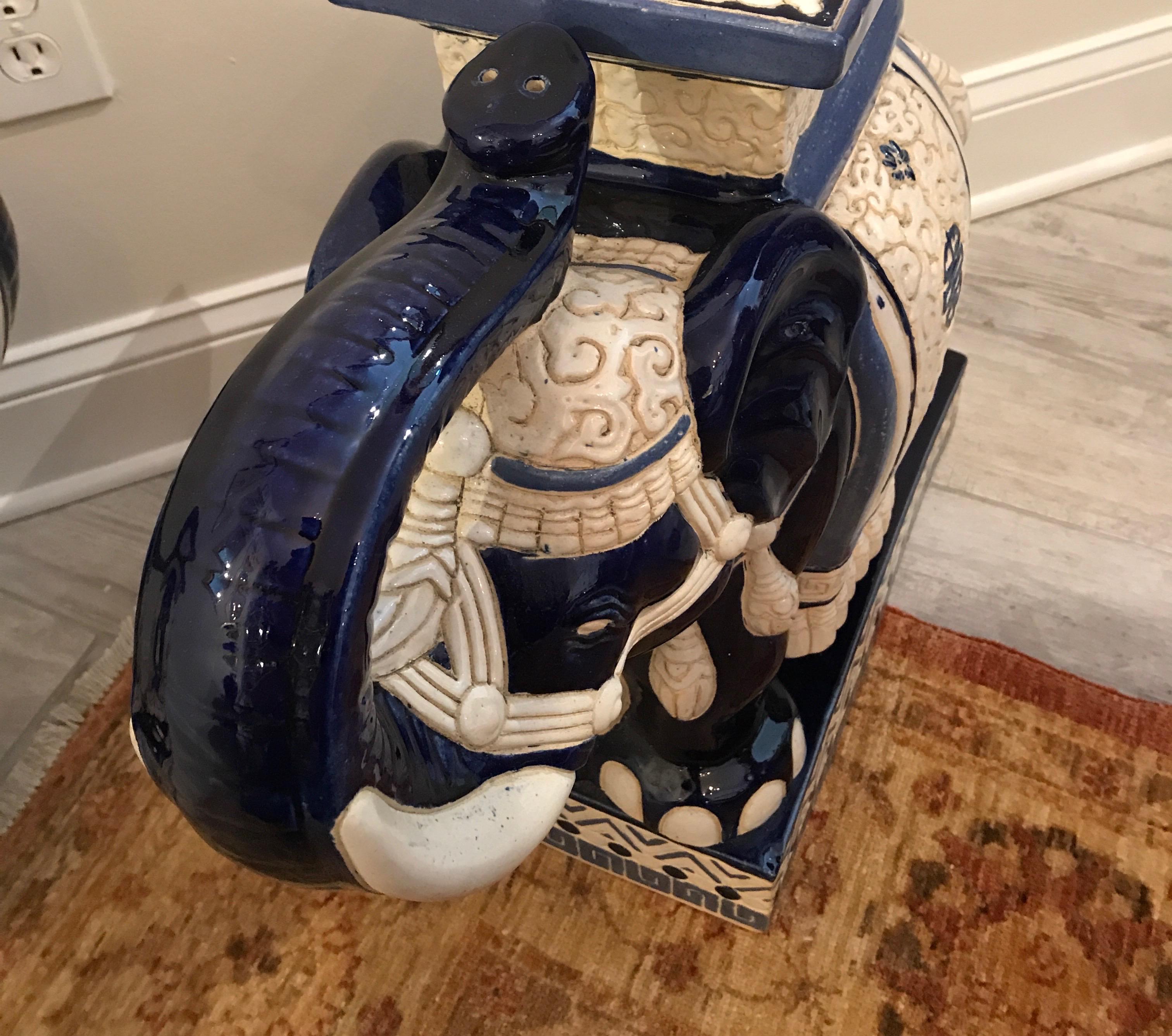 Pair of Vintage Blue and White Elephant Garden Seats 3