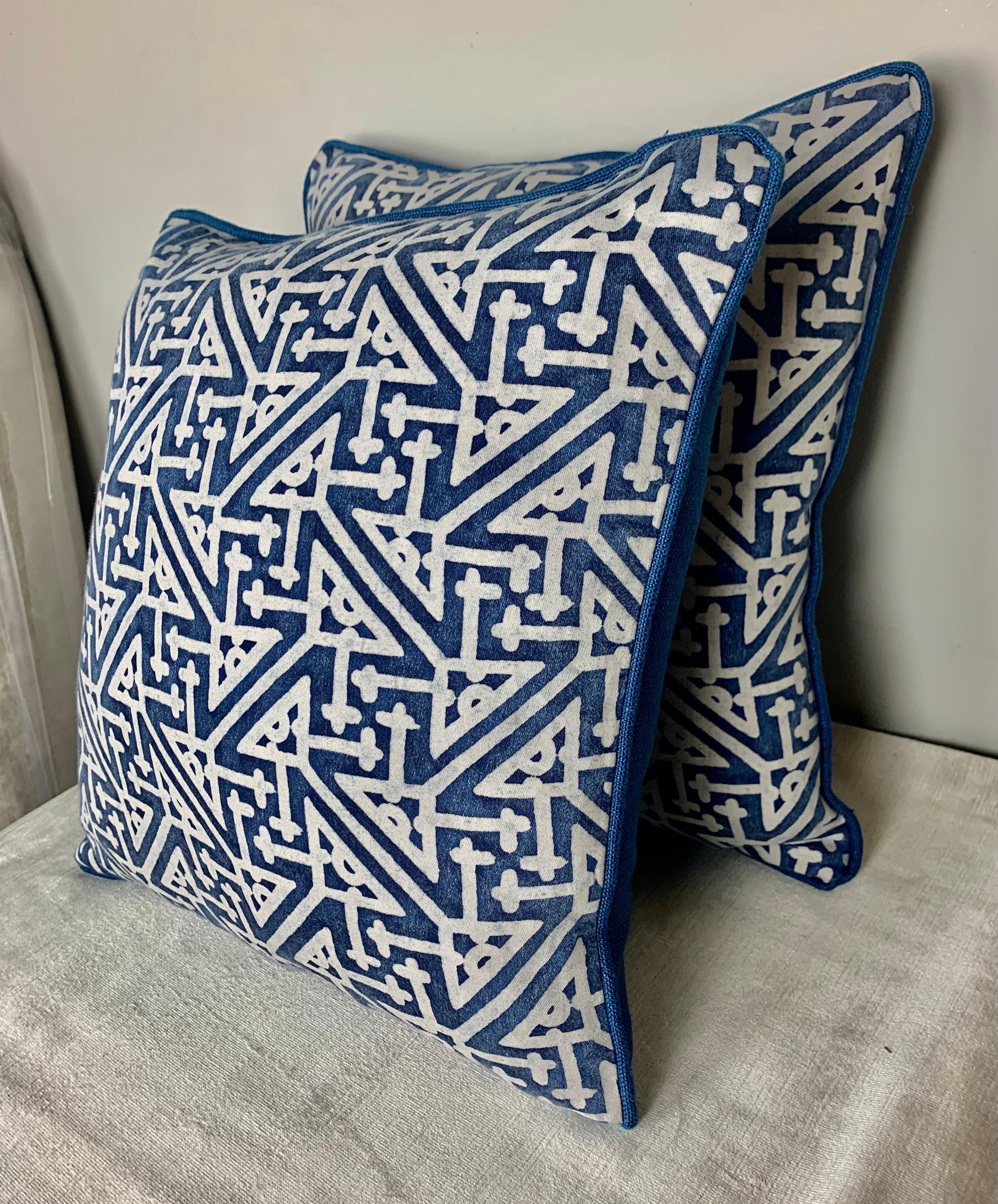 Tribal Pair of Vintage Blue and White Fortuny Pillows