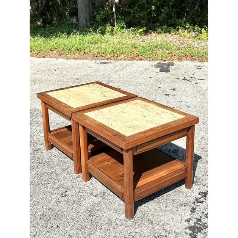 Pair of Vintage Boho Teak Side Tables With Inset Travertine For Sale 4