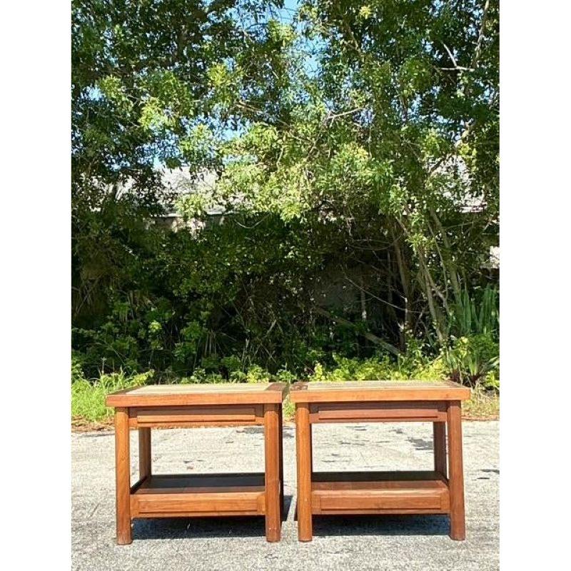 Pair of Vintage Boho Teak Side Tables With Inset Travertine For Sale 7