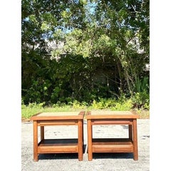Pair of Vintage Boho Teak Side Tables With Inset Travertine