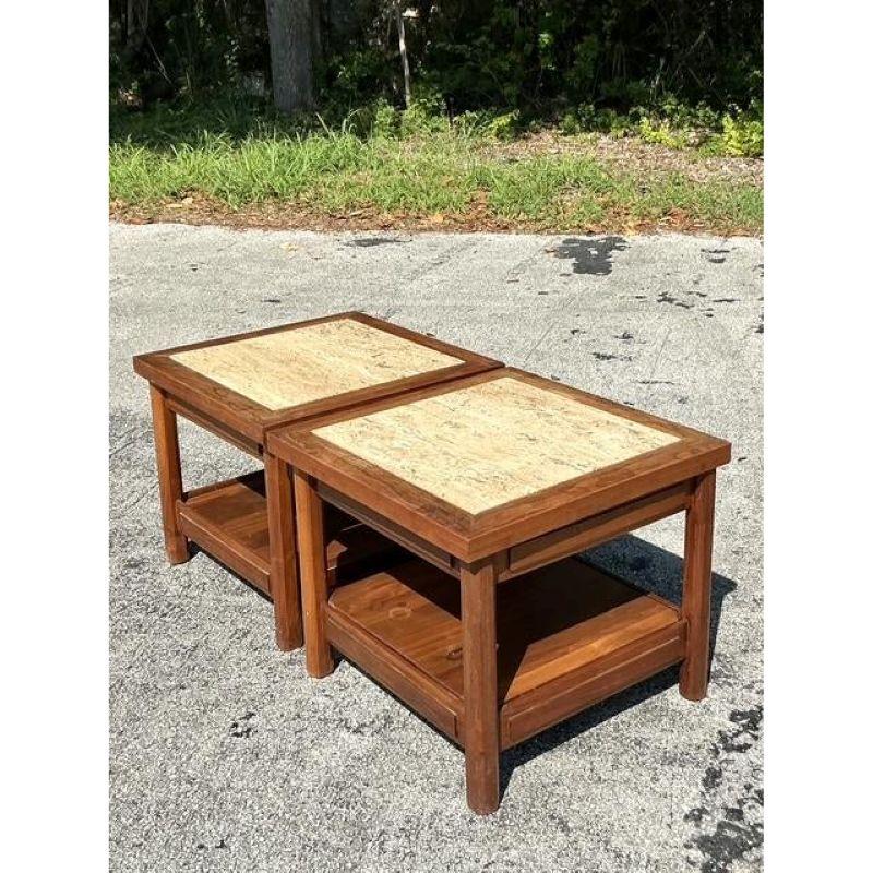 American Pair of Vintage Boho Teak Side Tables With Inset Travertine For Sale