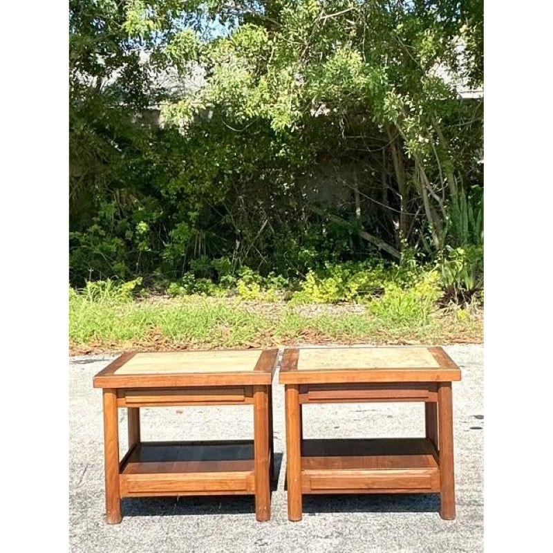 Pair of Vintage Boho Teak Side Tables With Inset Travertine In Good Condition For Sale In West Palm Beach, FL