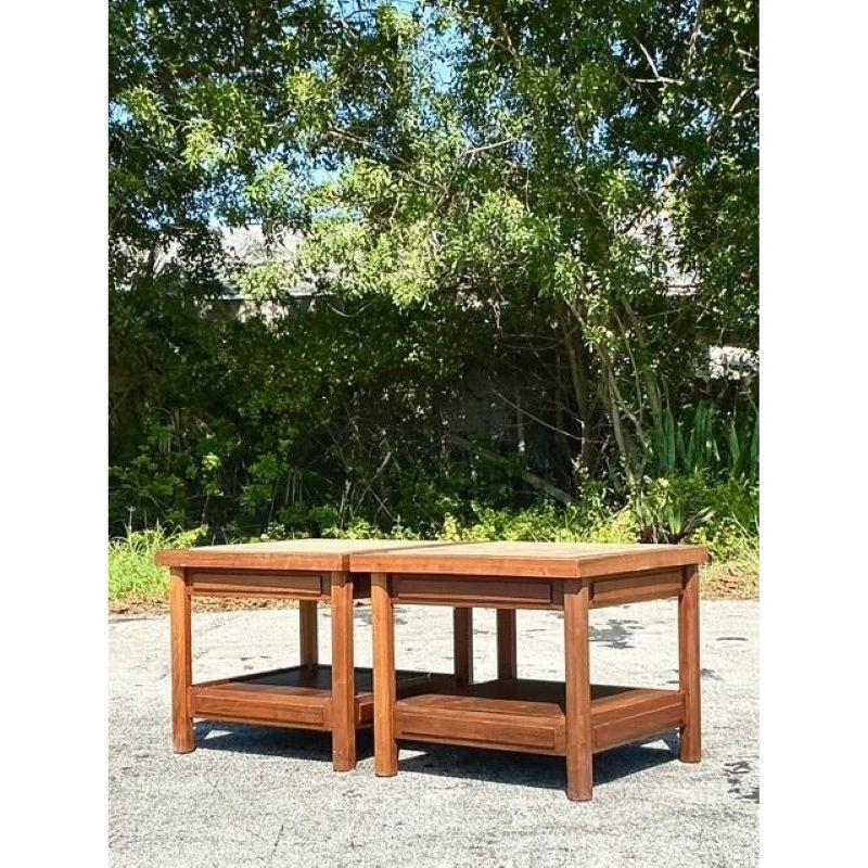 Pair of Vintage Boho Teak Side Tables With Inset Travertine For Sale 1