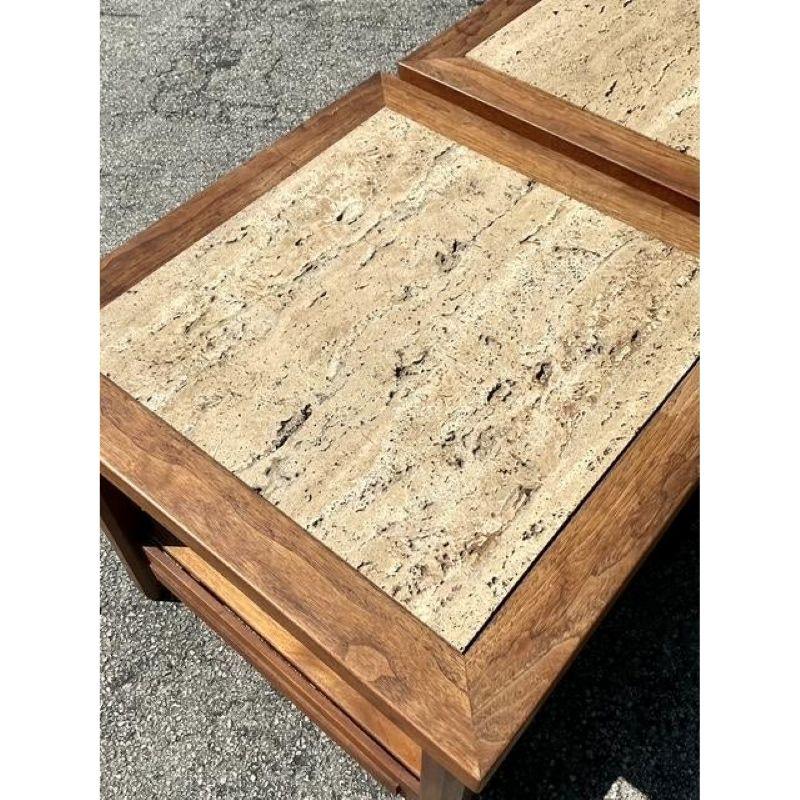Pair of Vintage Boho Teak Side Tables With Inset Travertine For Sale 3