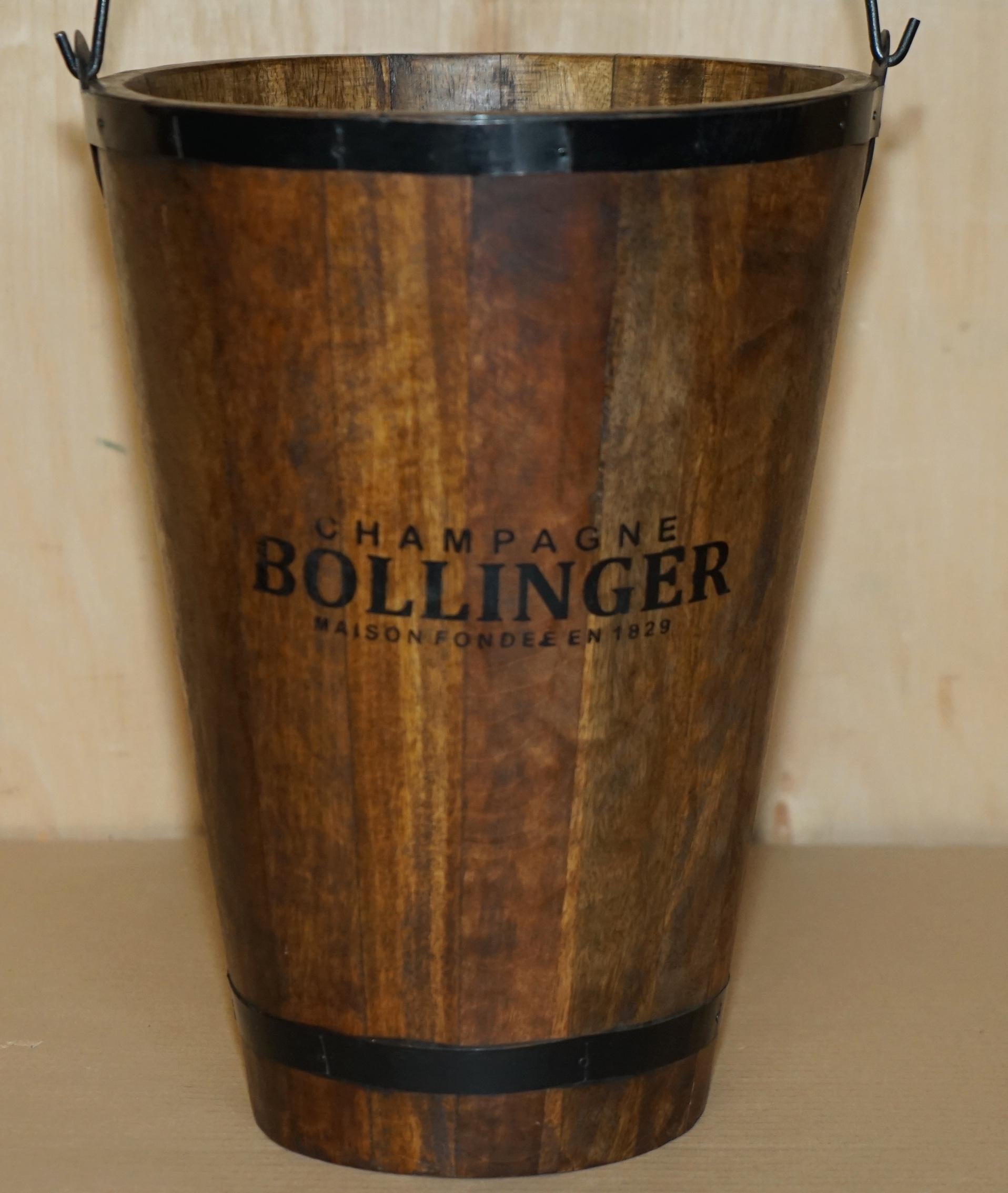 Hand-Crafted PAIR OF VINTAGE BOLLINGER CHAMPAGNE LOG BIN WOOD COAL PLATE OR PEAT BUCKETs For Sale