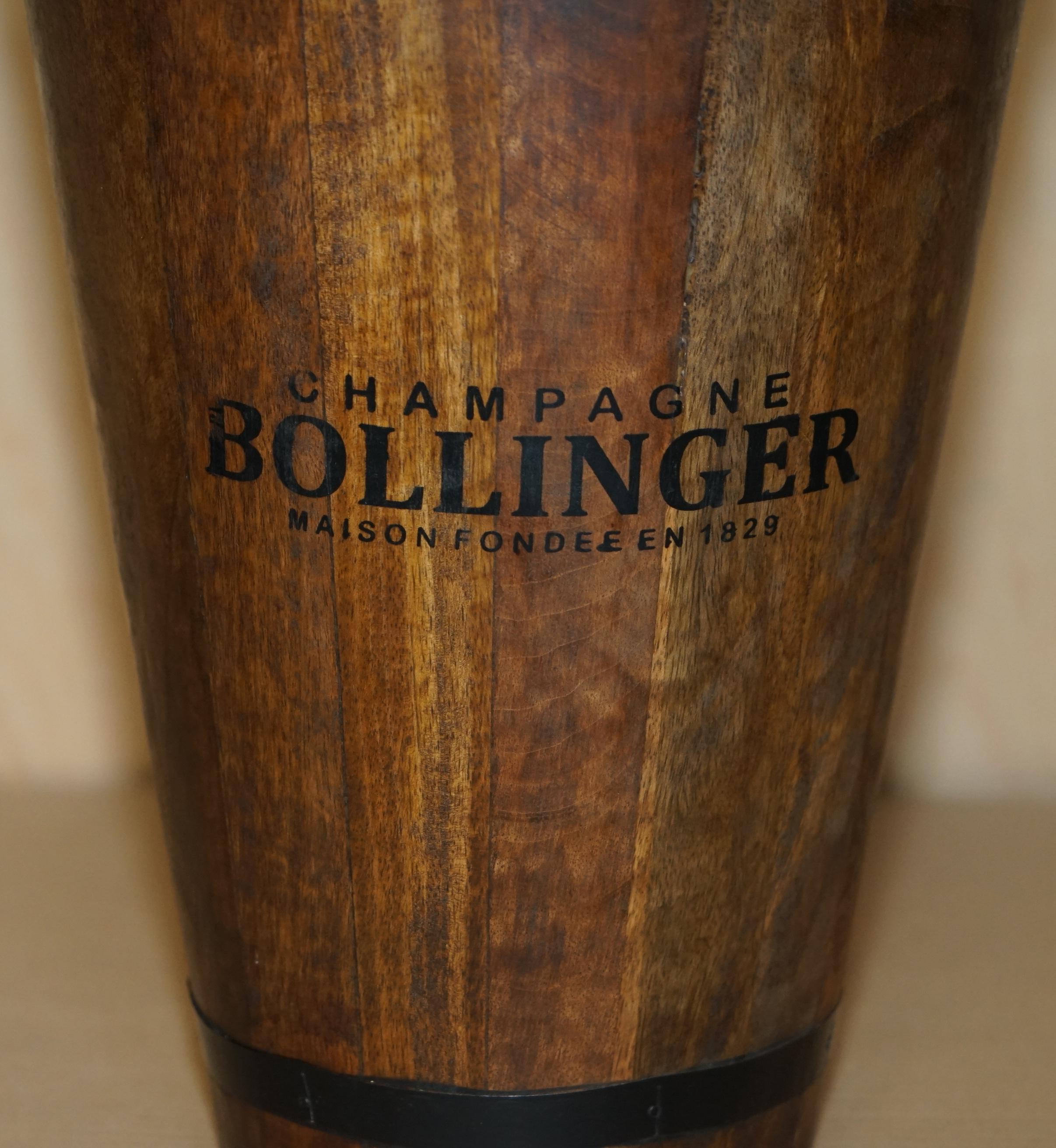 PAIR OF VINTAGE BOLLINGER CHAMPAGNE LOG BIN WOOD COAL PLATE OR PEAT BUCKETs In Good Condition For Sale In West Sussex, Pulborough