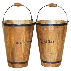 PAIR OF VINTAGE BOLLINGER CHAMPAGNE LOG BIN WOOD COAL PLATE OR PEAT BUCKETs