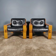 Pair Of Vintage Bonanza Black Leather Armchairs By Esko Pajamies For Asko