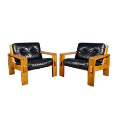Pair Of Vintage Bonanza Black Leather Armchairs By Esko Pajamies For Asko
