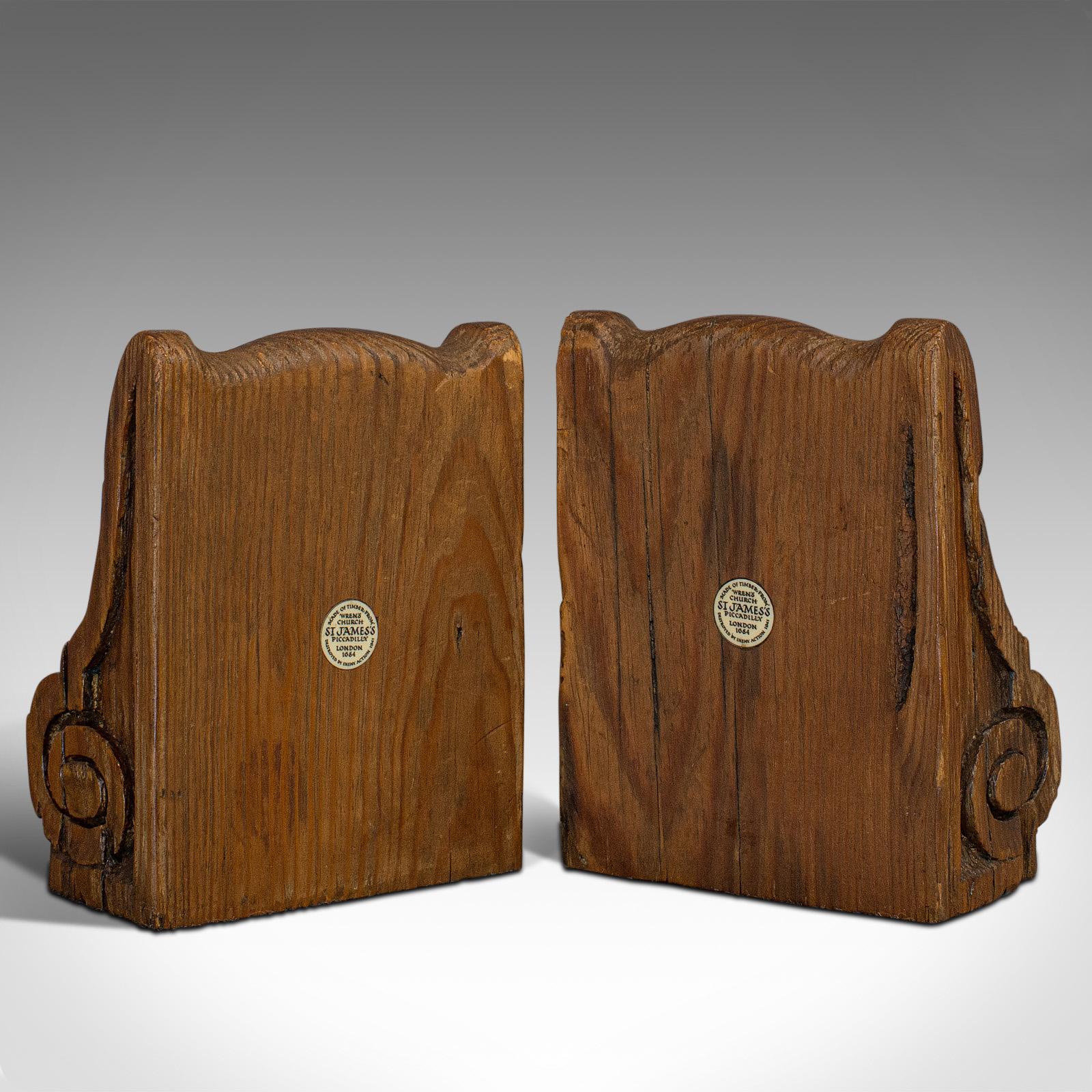 Pair of, Vintage Bookends, English, Pitch Pine, Corbel, Wren's Church, London In Good Condition In Hele, Devon, GB