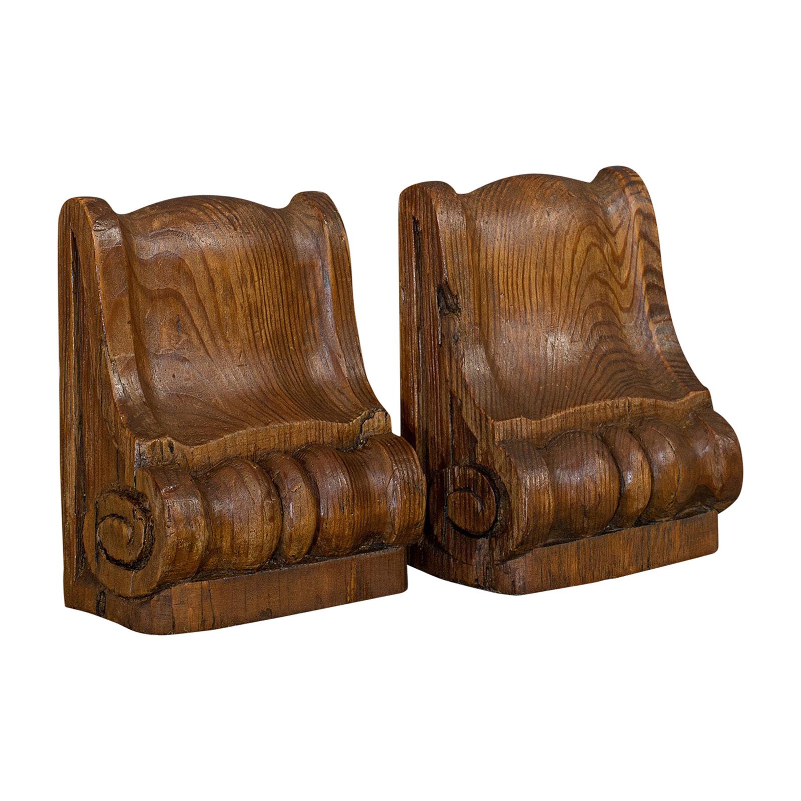 Pair of, Vintage Bookends, English, Pitch Pine, Corbel, Wren's Church, London