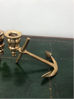 Pair of Vintage Brass Anchor Nautical Candlesticks