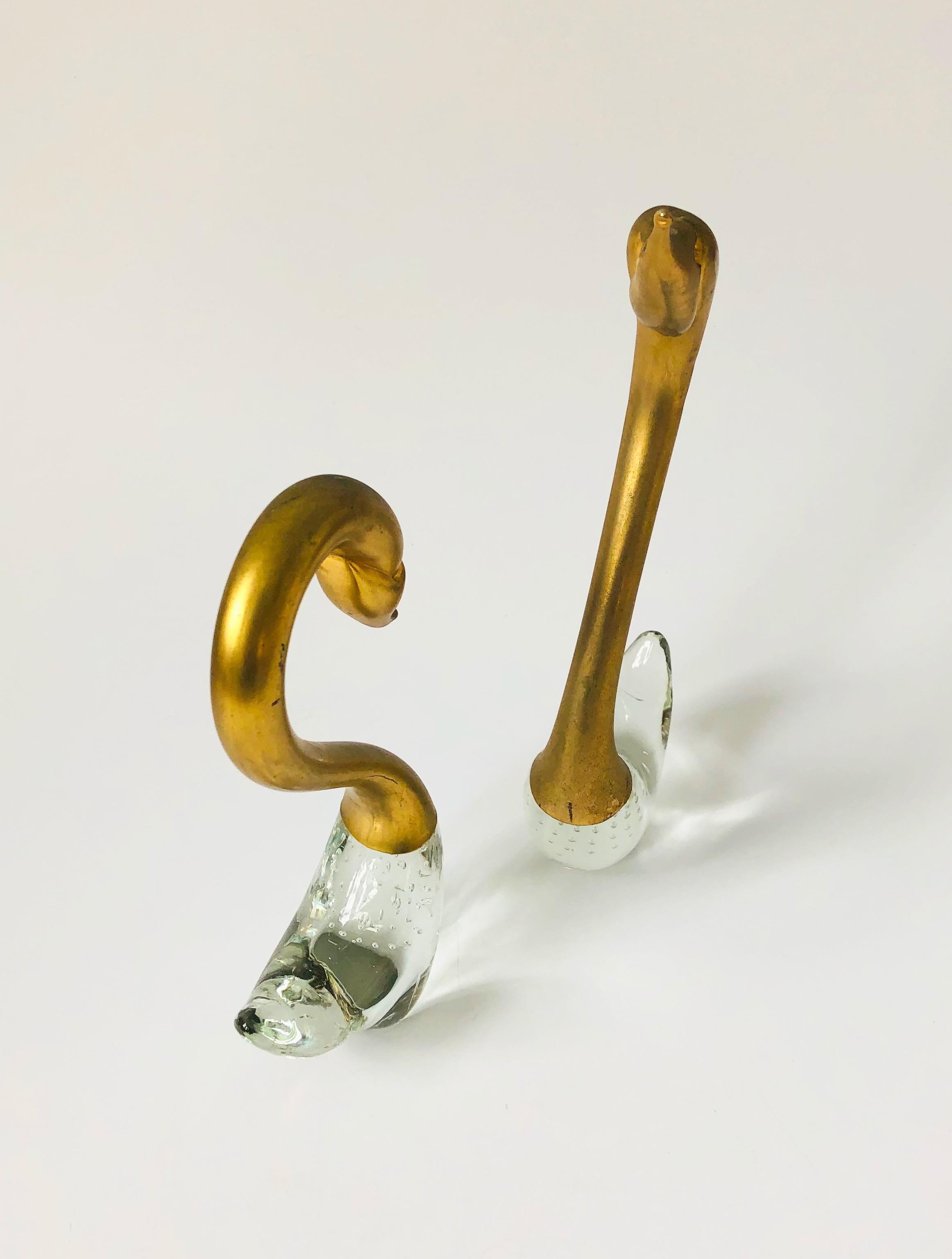 20th Century Pair of Vintage Brass and Art Glass Swans