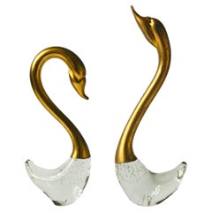 Pair of Vintage Brass and Art Glass Swans