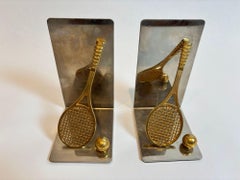 Pair of Vintage Brass and Chrome Tennis Racket and Ball Bookends c. 1980s USA