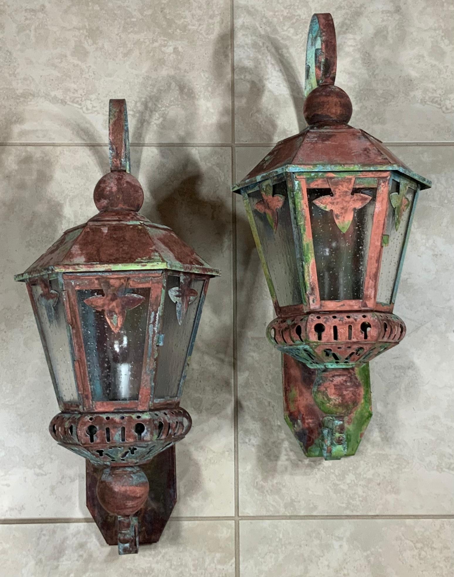 Pair of Vintage Brass and Copper Wall Hanging Lantern For Sale 4