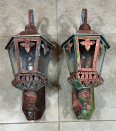 Pair of Vintage Brass and Copper Wall Hanging Lantern