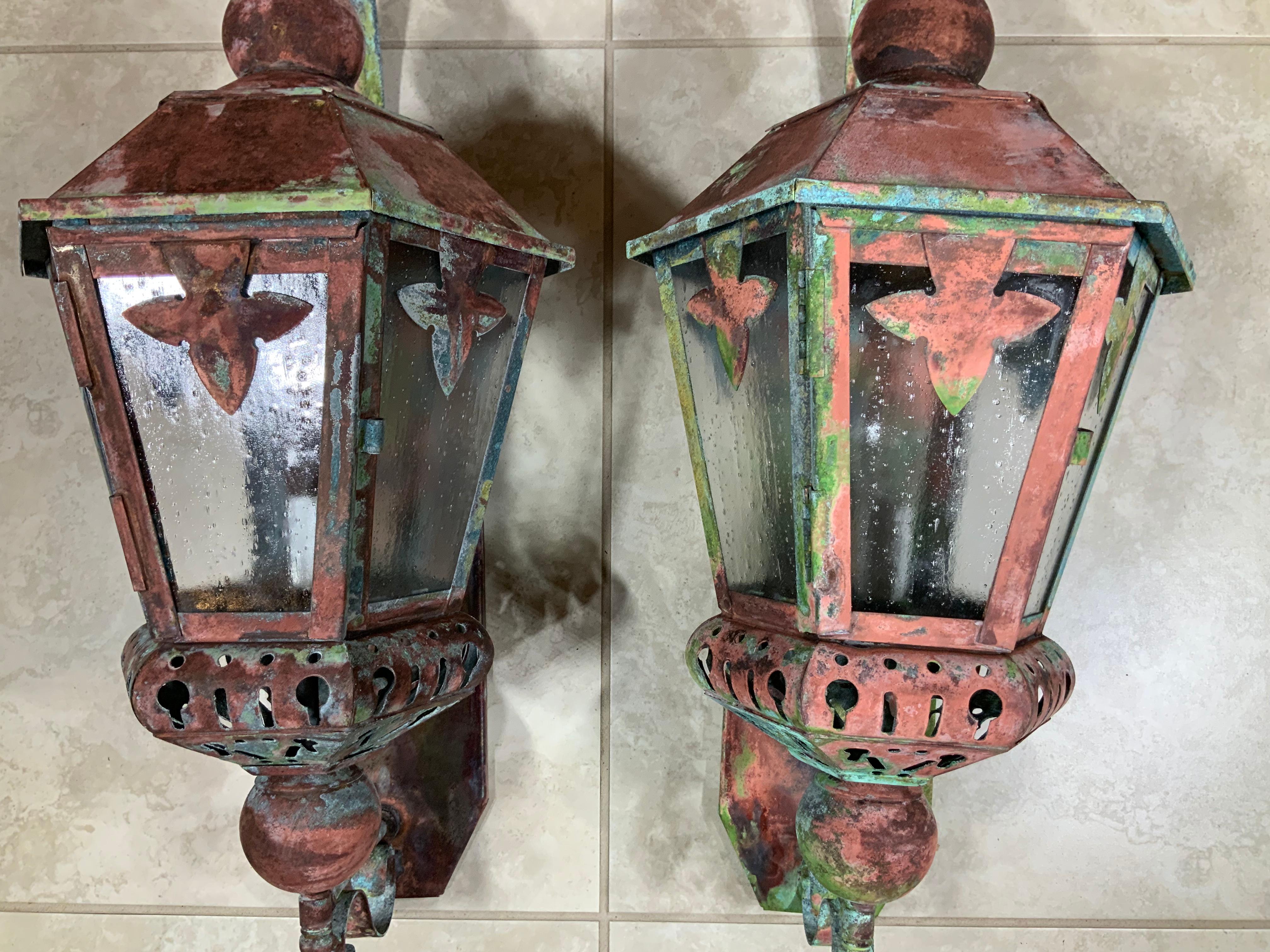 American Pair of Vintage Brass and Copper Wall Hanging Lantern For Sale
