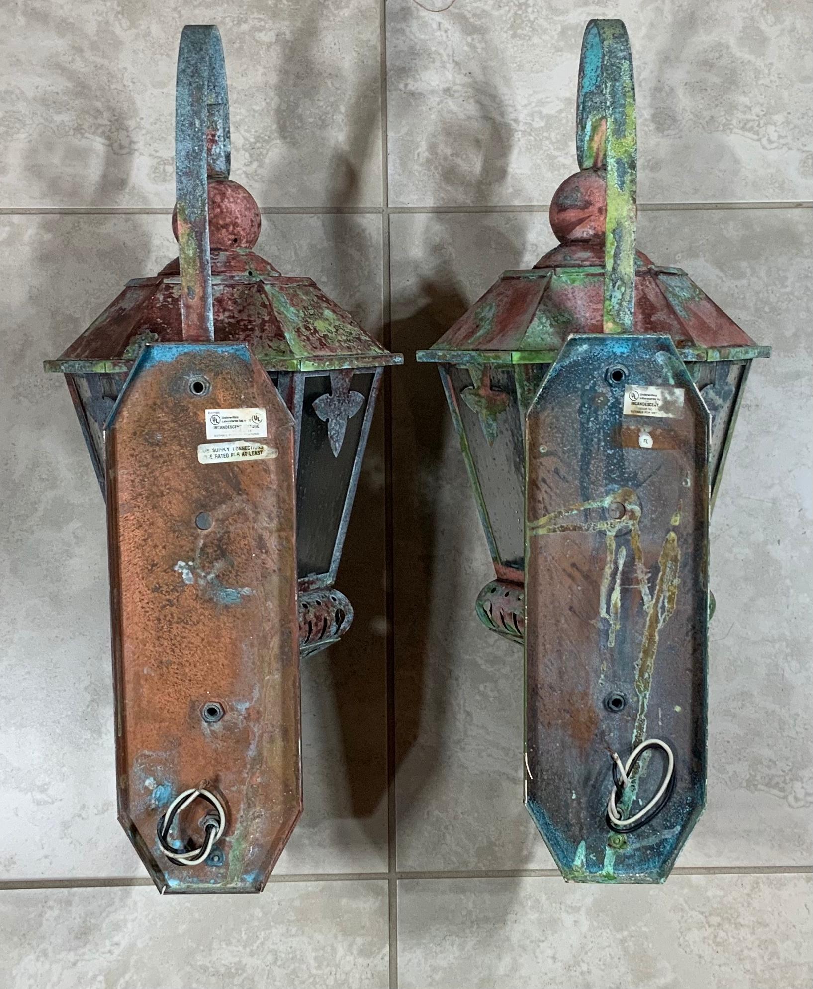 Pair of Vintage Brass and Copper Wall Hanging Lantern For Sale 1