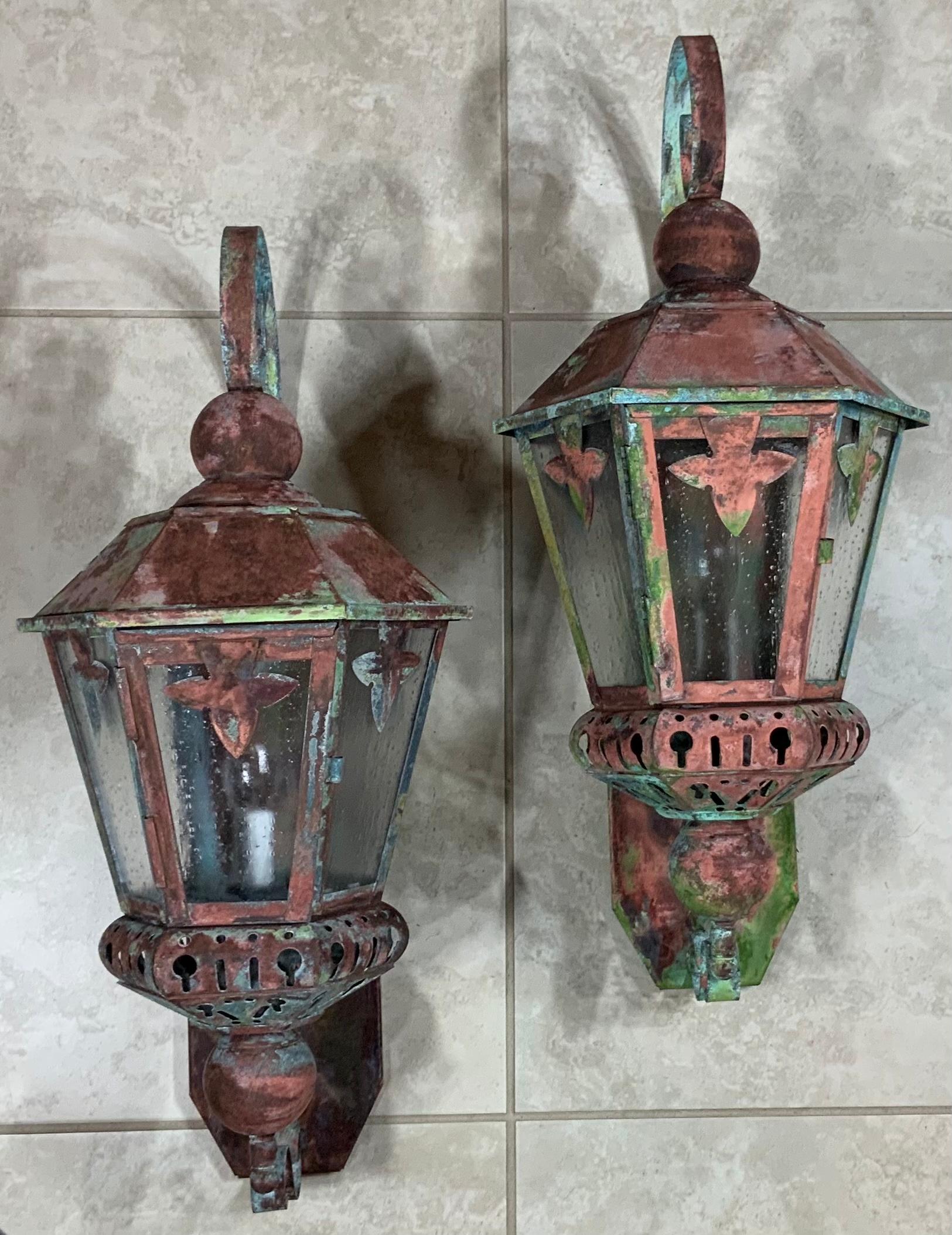 Pair of Vintage Brass and Copper Wall Hanging Lantern For Sale 2