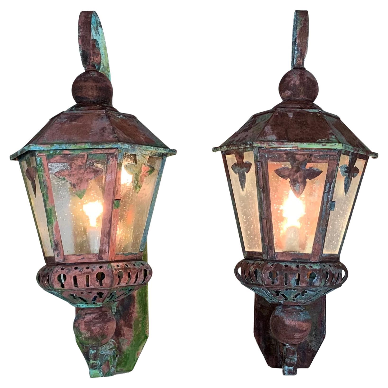 Pair of Vintage Brass and Copper Wall Hanging Lantern