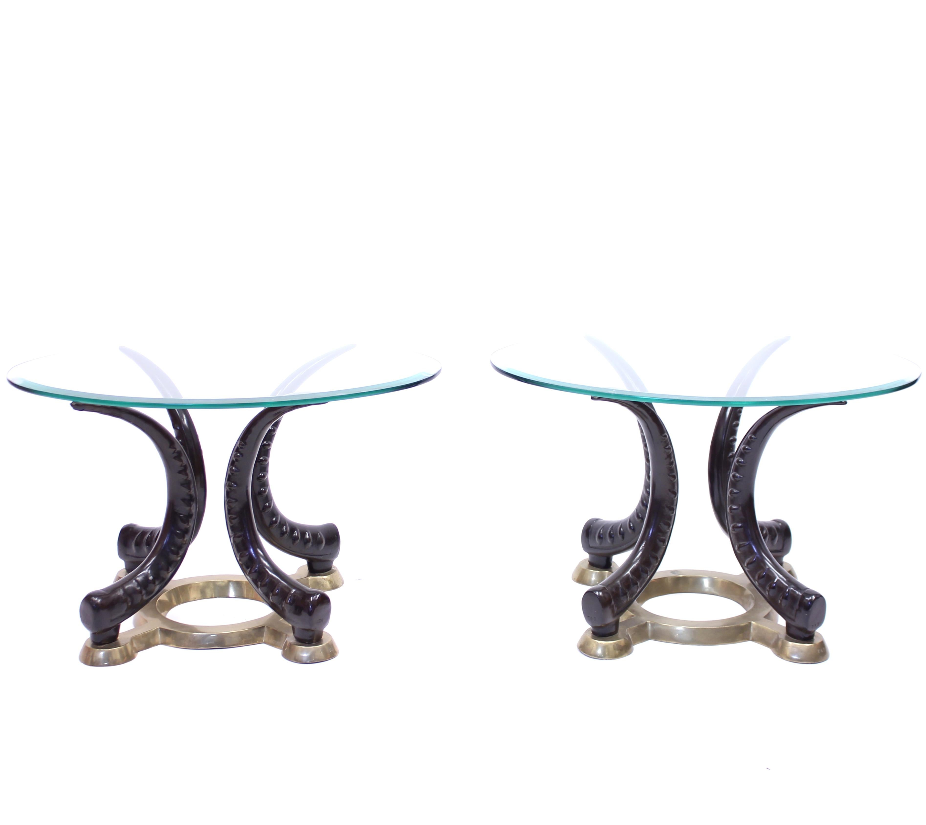 Hollywood Regency Pair of Vintage Brass and Faux Tusks Side or Coffee Tables, Ca 1970s For Sale