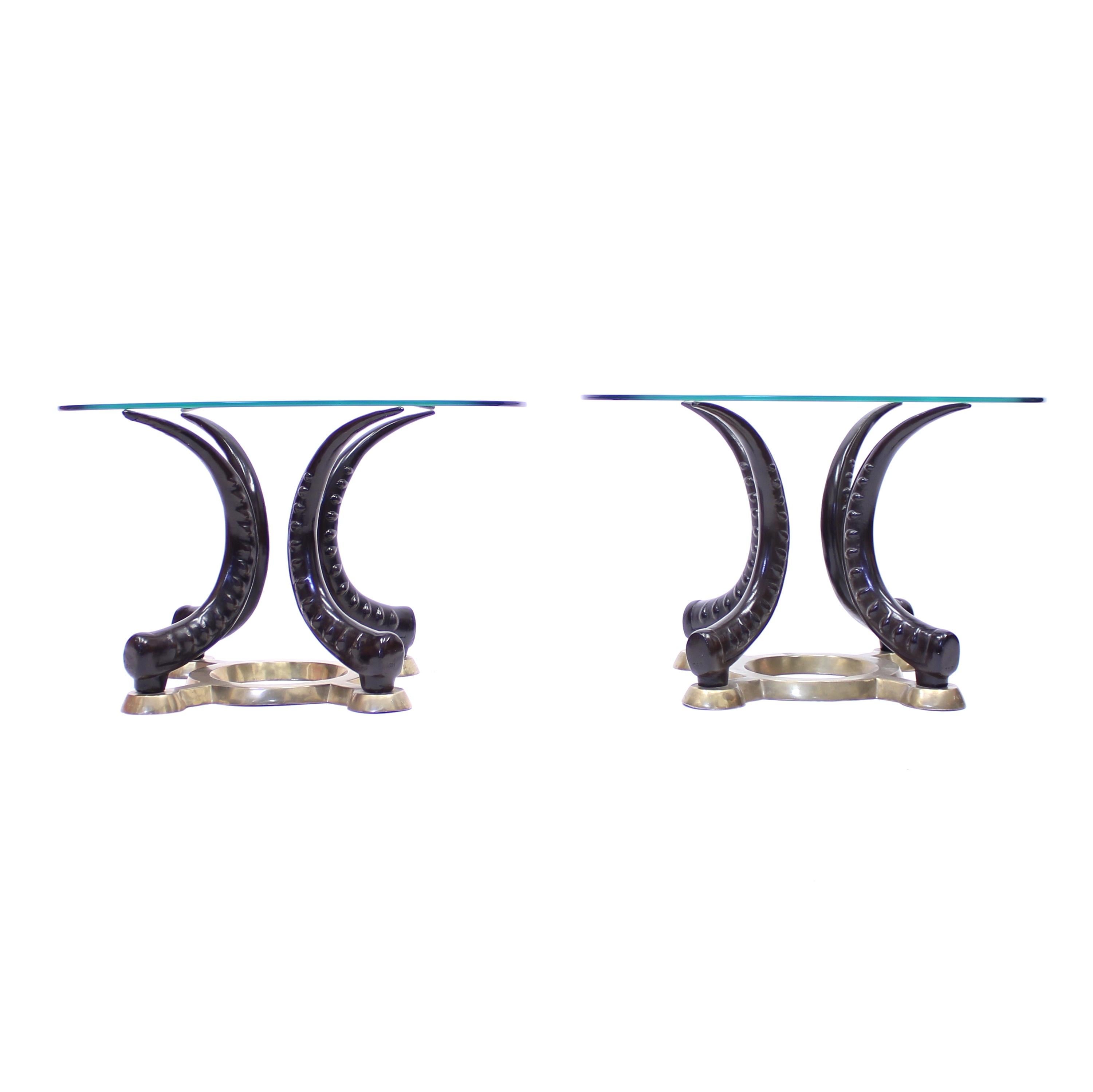 European Pair of Vintage Brass and Faux Tusks Side or Coffee Tables, Ca 1970s For Sale