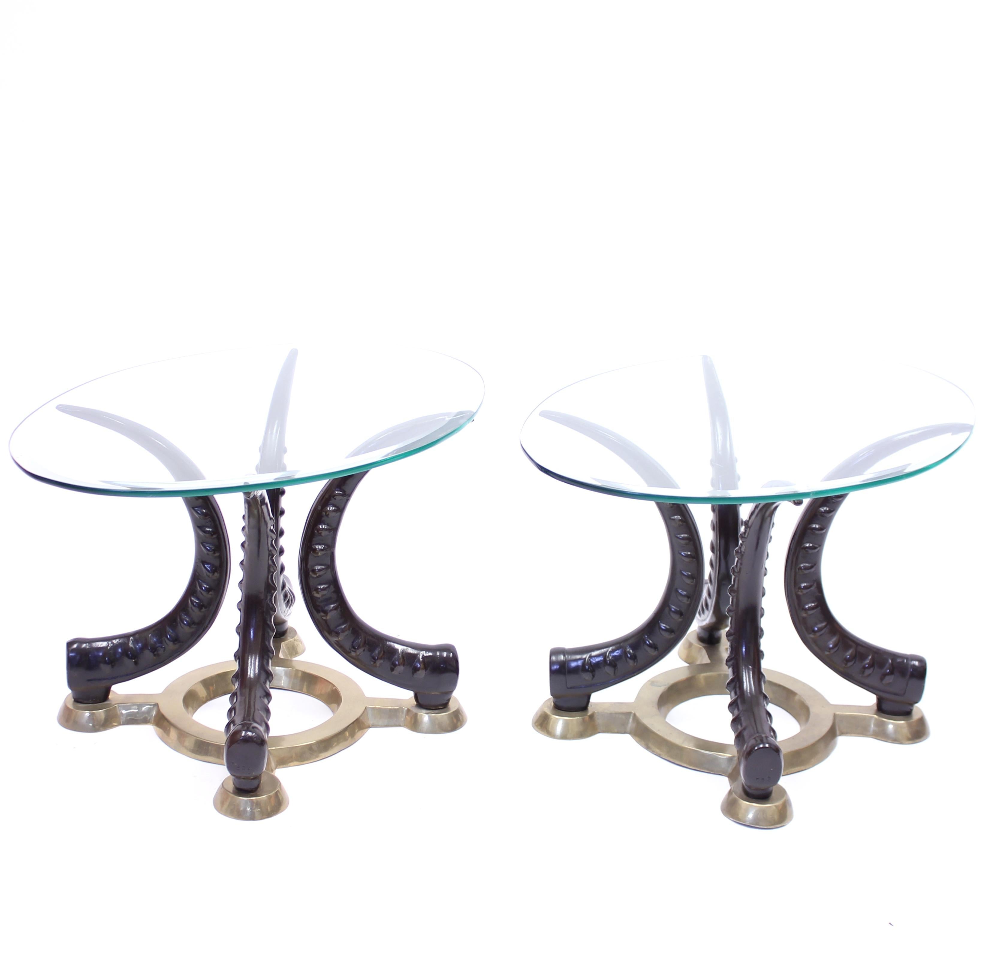 Pair of Vintage Brass and Faux Tusks Side or Coffee Tables, Ca 1970s In Good Condition For Sale In Uppsala, SE