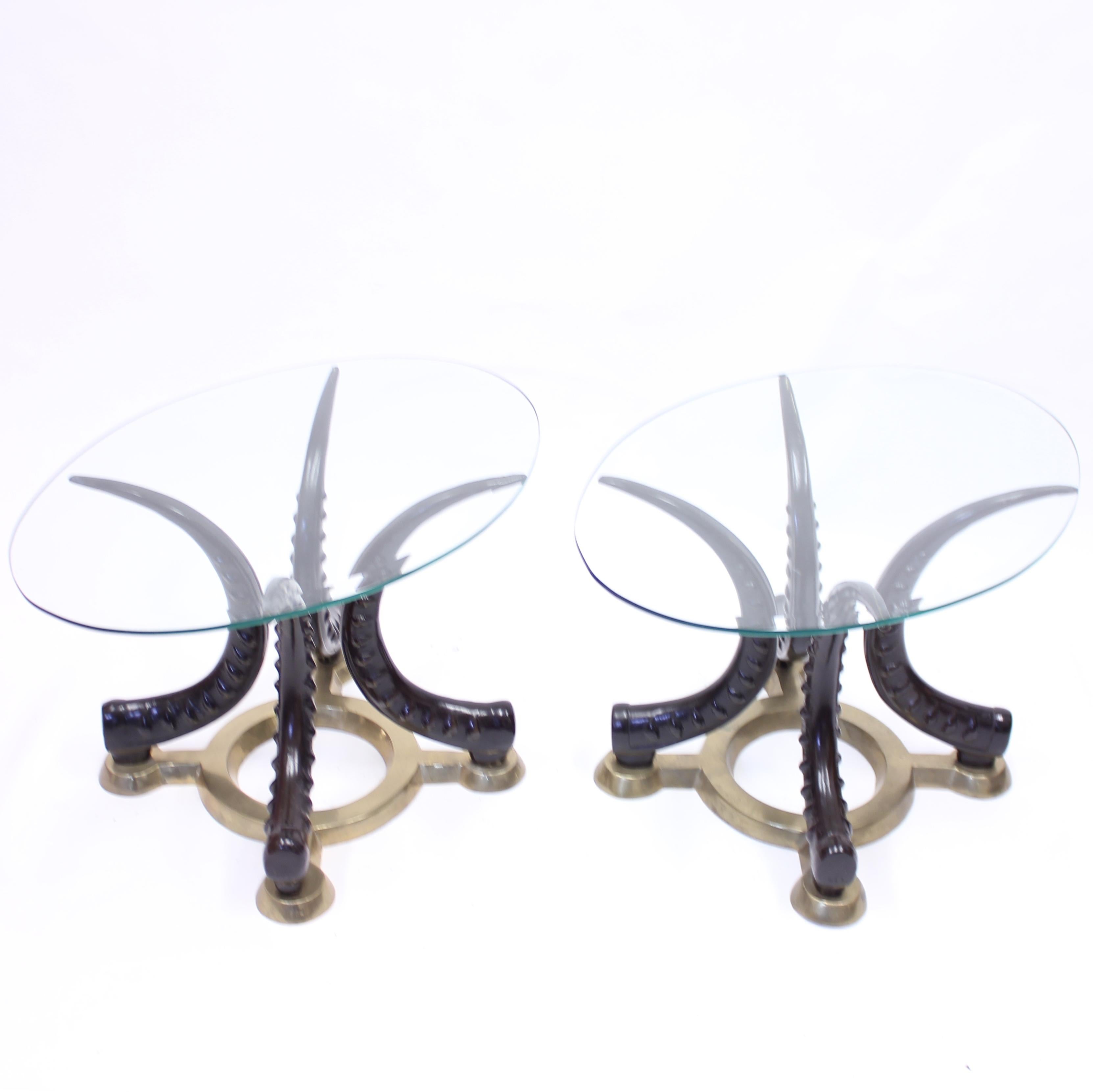 Late 20th Century Pair of Vintage Brass and Faux Tusks Side or Coffee Tables, Ca 1970s For Sale